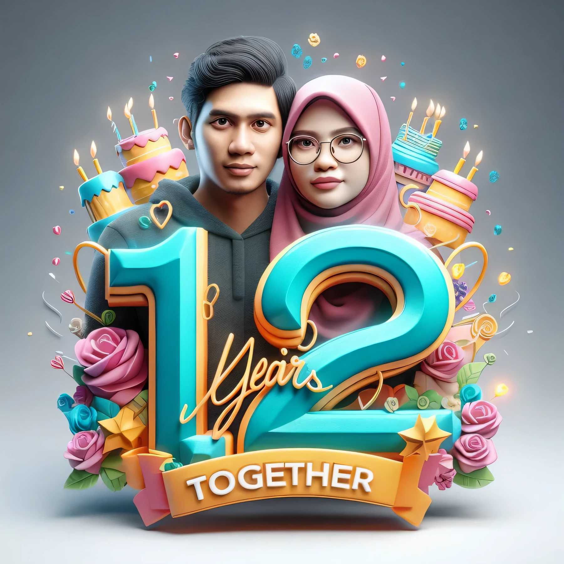 Ultrarealistic 3D logo in the form of letters: "12 Years Together" with correct English spelling. behind the letters are the faces of a 25 year old, slightly fat Indonesian man and a slim 23 year old woman wearing a hijab. The logo is equipped with wedding anniversary celebration ornaments, such as rings, birthday cakes and bright colors