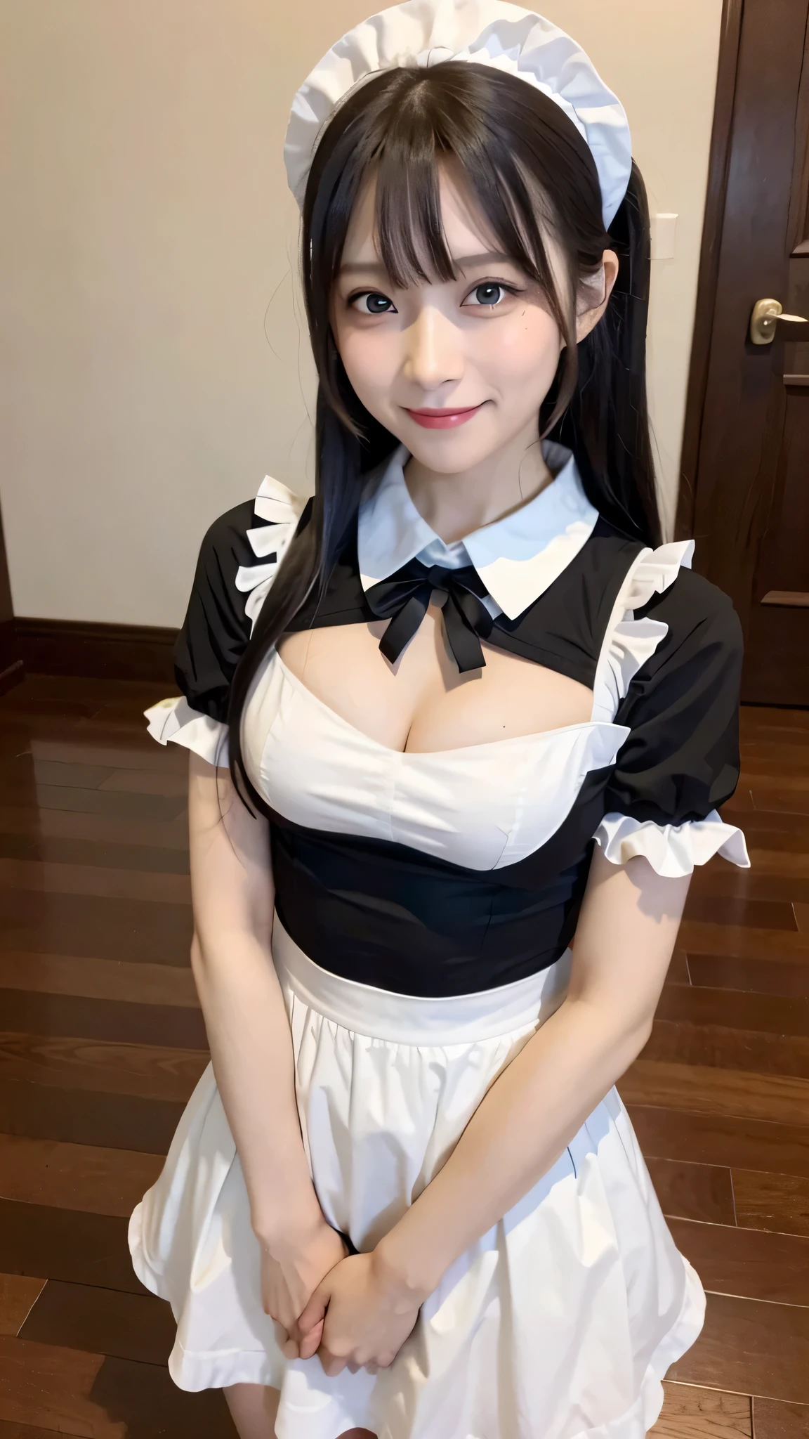 (((medium hair))), highest quality, 8k, nffsw, High resolution, absurd:1.2, photograph, (RAWphotograph:1.2), (Photoreal:1.4), (masterpiece:1.3), (intricate details:1.2), 1 girl, 一人in, japanese girl, 繊細in美しいディテール, (detailed eye), (detailed facial features), , (((small breasts))), firm skin, (look up_in_viewer), from, (skin), (highest quality:1.4), (超A High resolution:1.2), cinematic light, (highly detailed diagram), (lip gloss、highest quality、超A High resolution、Depth of written boundary、caustics、broad lighting、natural shading、85mm、f / 1.4、I SO200、1 / 160 seconds:0.75)、1 girl、一人in、Nogizaka 私dol、fiery idol pose、maid Cafe、Maid clothes、華やかなMaid clothes、clerk、Various poses Moe、cute、girl、maid costume,best smile,laughter、laughter,sneaky eyes、