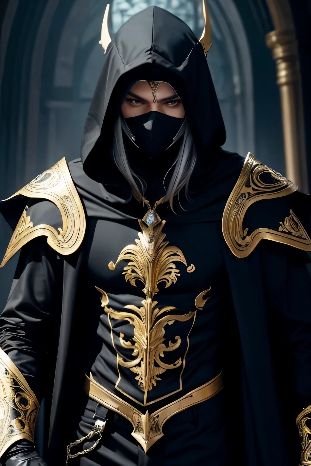 masterpiece, Male, fantasy, High elf, long silver hair, Black face mask, Dark Cloak, golden accents, black business suit, gray shirt, dynamic angle, dynamic pose, best quality, ultra-detailed, skinny, slim, 24 years old, staring down at camera, 2 arms, dark pants, black hood, face mask, mask covering full face, golden crown, Silver hair