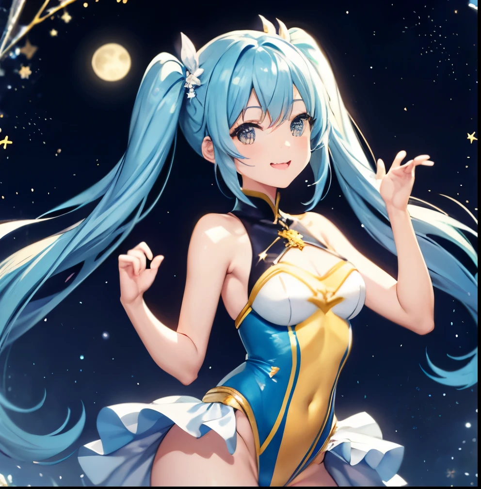 super idol charming smile、blue long hair、twin tails、attractive pose、Yellow and white leotard costume、crystal jade、constellation、moon、amazing background、