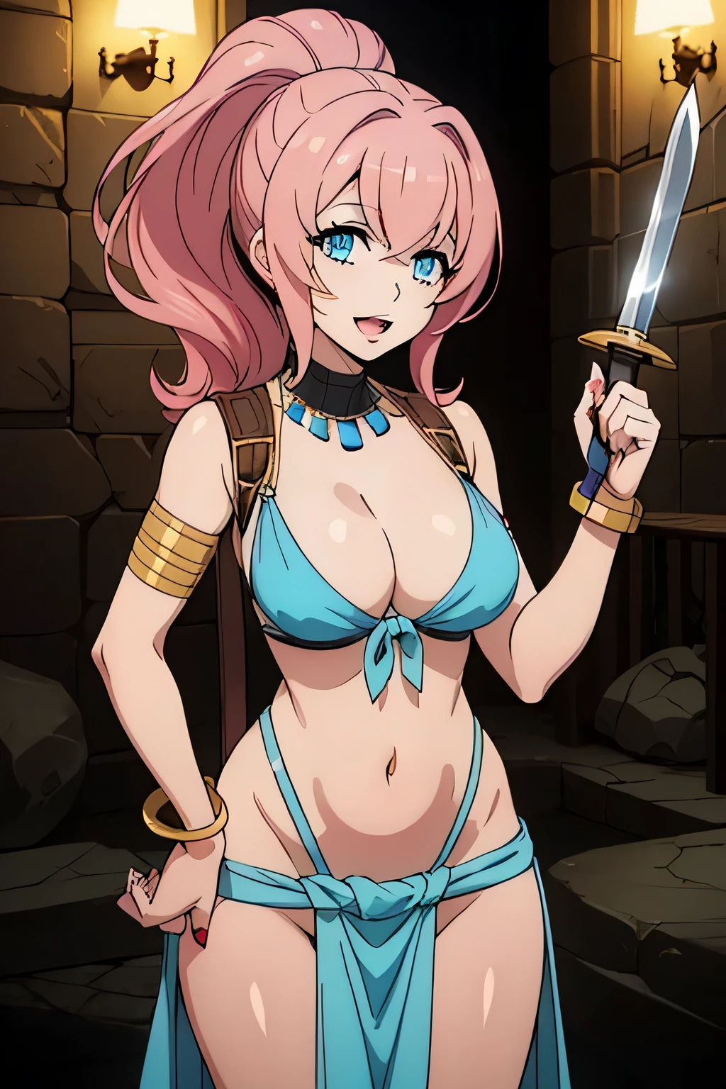 , anime coloring, 1girl, solo, maria_synduality_noir, pink hair, blue eyes, , ponytail, large breast, masterpiece, (ultra detailed background, delicate pattern, intricate detail), (highly detailed, fine details),
best quality, beautiful lighting,cleavage, jewelry, smile, open mouth, (nsfw) not safe for work, armlet,
long hair, lips, navel, bracelet, medium breasts, makeup, circlet, nailpolish, (loincloth, white loincloth,
pelvic curtain), complex detailed background, inside, stone wall, ancient interior, ancient egyptian room,
hieroglyphs, dark lighting, dark atmosphere, (cowboy shot), holding a sword, sword