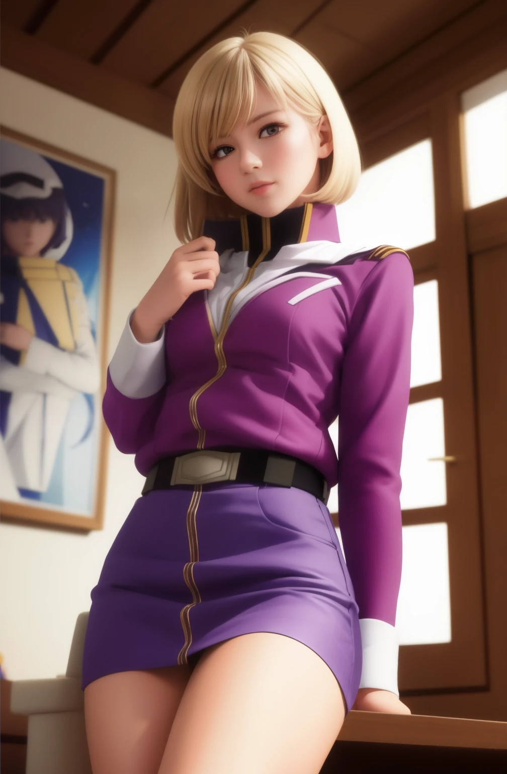 realistic pictures、Real Imageederary Military Miniskirt Uniform、super mini skirt、I can see my pants、best image quality、1 girl, Sayla Mass, elegant,spread legs,white pantiesーを見せる, table top, Complex,super mini skirt、white panties、 realistic, highest quality, absurd, high facial detail, perfect eyes, 18-year-old, cowboy shot, , Bright colors, white uniform, A woman in a skirt taking a photo wearing a skirt and purple shirt, portrait anime space cadet girl, Highly detailed exquisite fan art, Kushart Krenz Key Art Feminine, This is a very detailed orthogonal reproduction。, Renji Murata and Altgerm, art germ. high detail, style art germs lol, art germ jsc