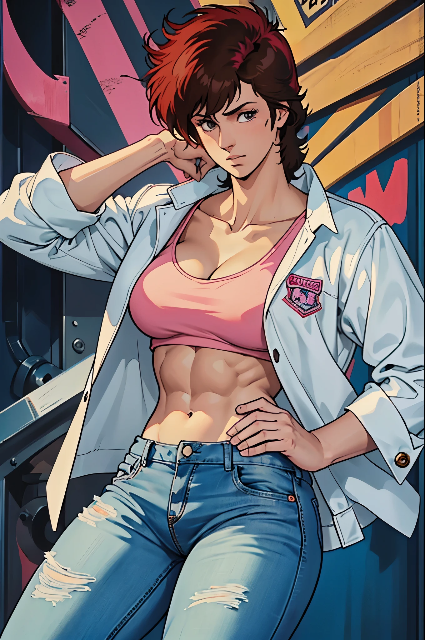 masterpiece, ultra quality, Beautiful detailed, extremely detailed,16K, exquisite, highres, Beautiful background, Beautiful eye, Beautiful skin, anime style, Kaori stands with her hands on her hips., She is wearing a white denim jacket over a pink shirt., blue jeans trousers, 1 girl, alone, 27 years old, (cheeky pose), woman&#39;s whole body, complete diagram, anger, blush, ecstatic expression, erotic, charm的な, charm, (Muscular female slender body, clavicle, beautiful big breasts, Beautifully chiseled abs, beautiful long legs), perfect anatomy, It&#39;s hard to breathe, vapor, looking at the viewer, perfect quality, good quality, masterpiece, HDR, UHD,