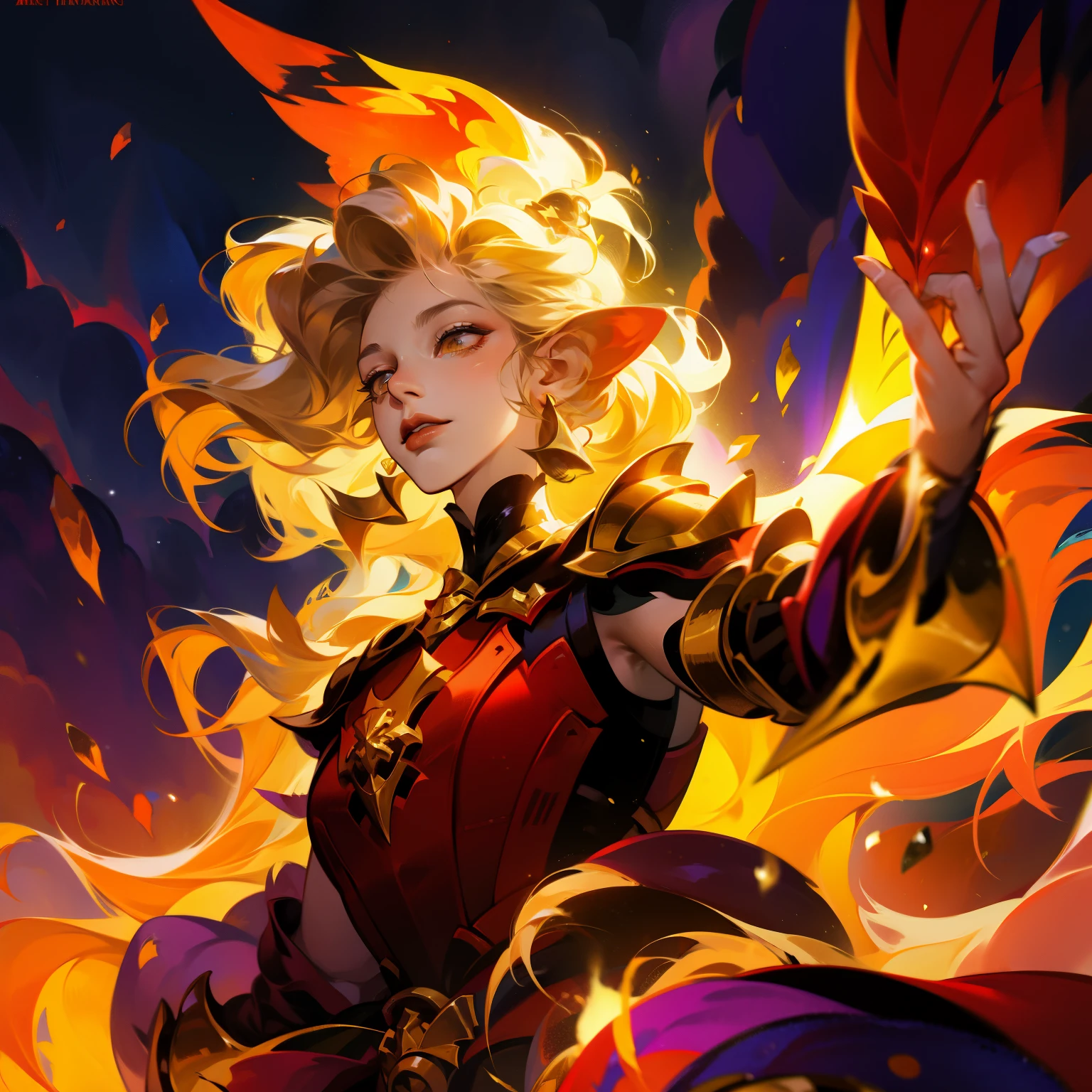 Close-up of a woman on fire and flames, With fiery golden wings of flame, With fiery golden wings, epic fantasy art style, concept art | artistic germ, Phoenix Warrior, extremely detailed artistic germ, Epic fantasy digital art style, female protagonist, A complete portrait of the Elementalists, Epic and beautiful character art