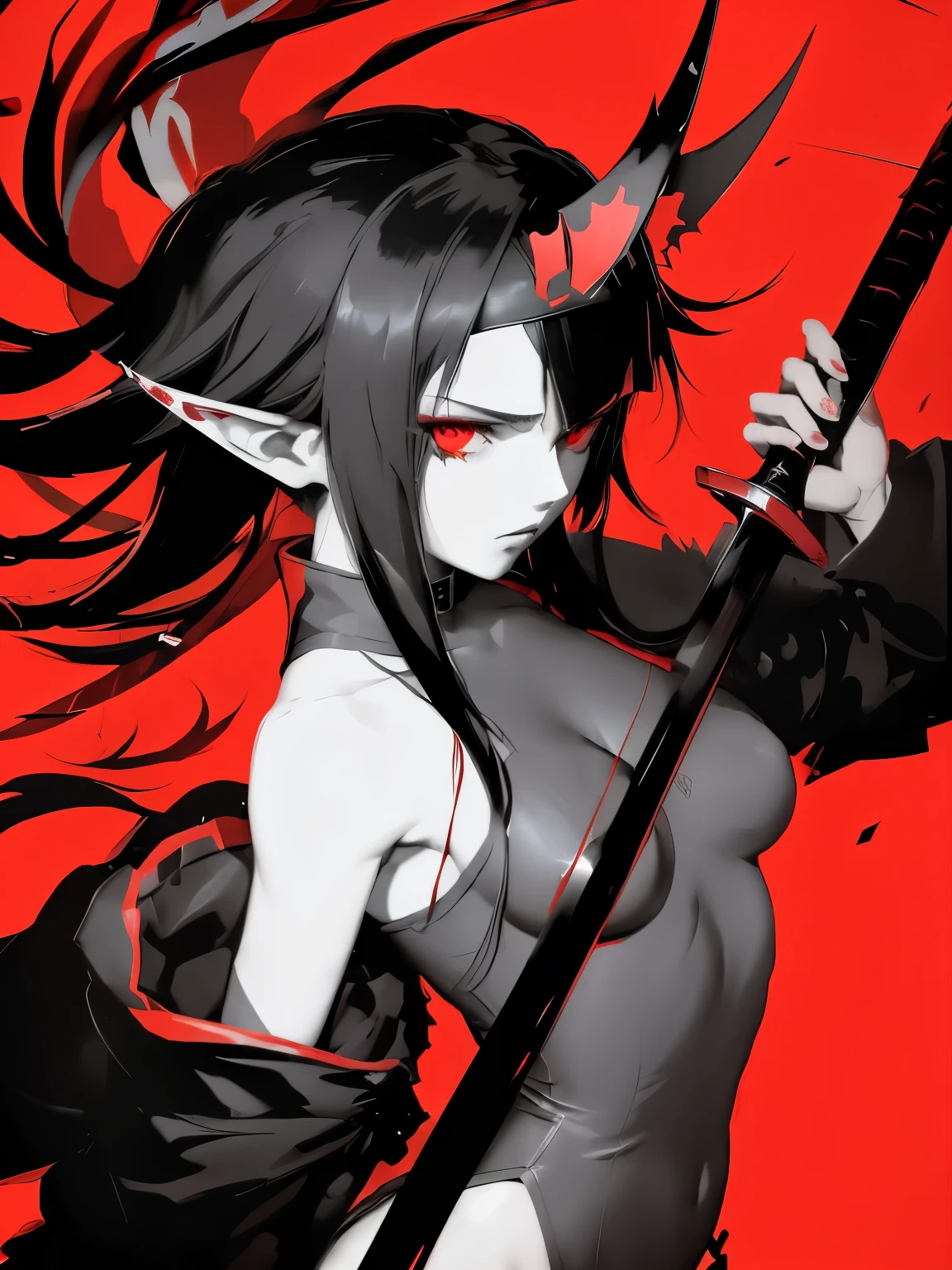 Long black hair anime girl holding sword and red background, Demon anime girl, gapmoe sick grimdark, Kill and kill illustration, Badass anime 8k, Monochrome and red bleeds, Demon Slayer art style, devil girl, gapmoe sick, Kill and kill, Persona 5 art style wlop, Rin Harusaka, morbidSurrealism, chiaroscuro, depth of field, cinematic lighting, best quality, UHD