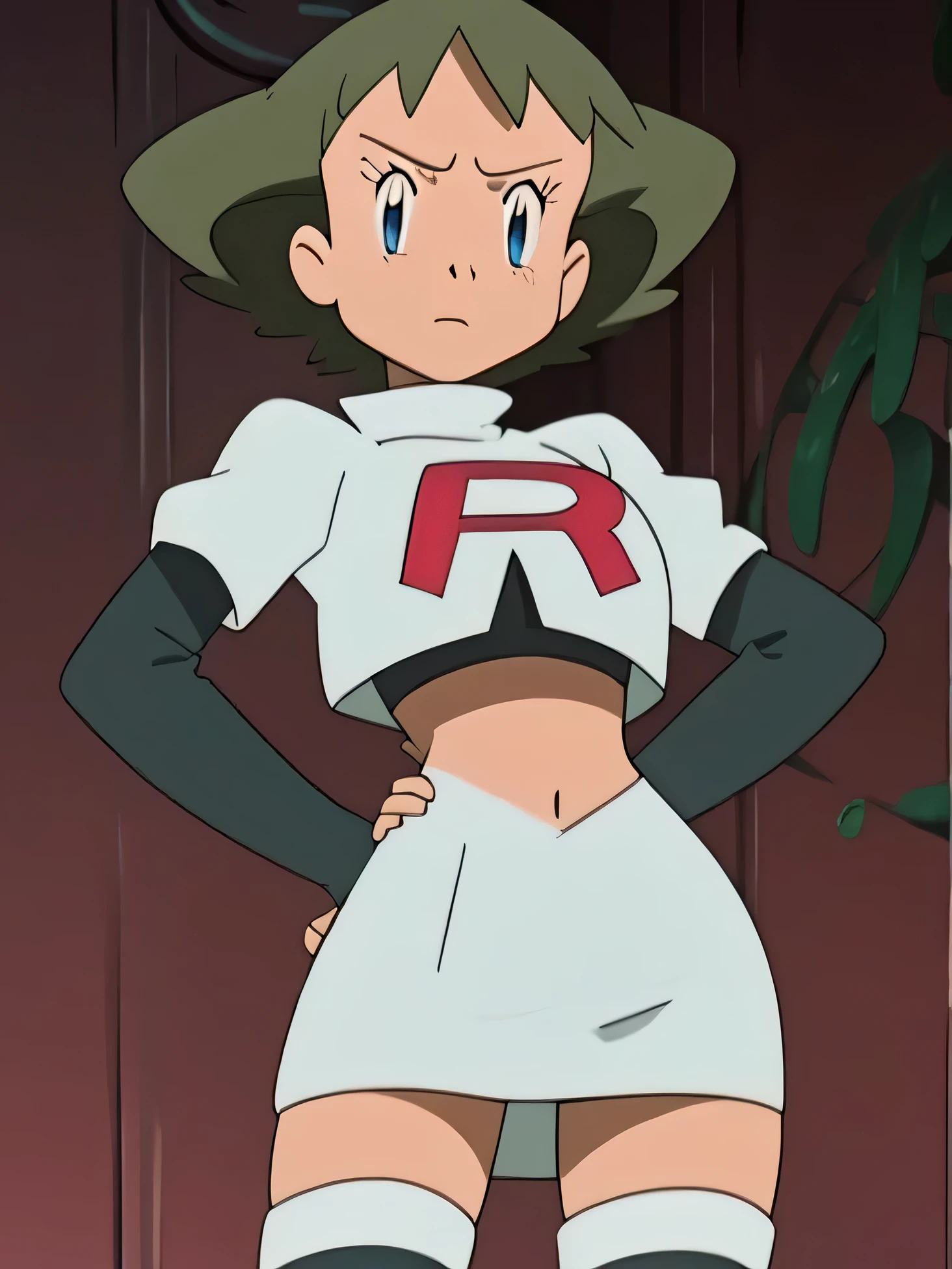 8k, ,1girl in, (solo:1.1), (perfect body:1.1), (best quality:1.1), very large breast, team rocket uniform, red letter r, white skirt,white crop top,black thigh-high boots, black elbow gloves, glaring angrily, looking down at viewer, hands on hips,zettai ryouiki,cowboy shot