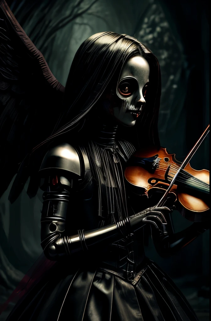 Horror doll with dark look, angel oscuro, dark fantasy, with a violin-shaped head deformed and bloody head, colmillos y fondo teatral