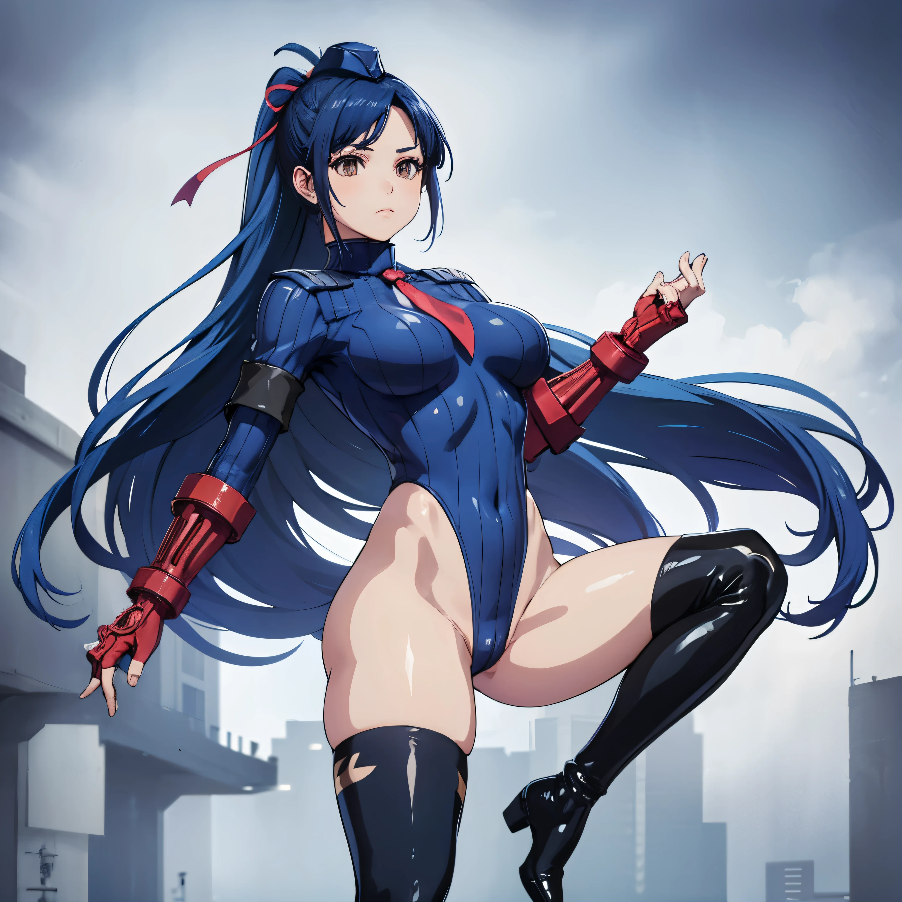 haveรายละเอียดมาก, clear, beautiful body, Beautiful nose, Beautiful character design, perfect eyes, perfect face, very high, 4k, Beautiful legs, perfect legs, good hand, perfect hand, Masterpiece, best quality, haveรายละเอียดสูง, illustration, nonsense, perfect anatomy, street fighter, doll set, Chadaloo Doll, doll set, expressionless, ดวงempty eyes, look at viewer, red gloves, Emotionless, black Latex, corruption, mind control, female warrior, full body, hypnotized, ความมึนงงที่ไม่haveความสุข, full body suit, ชุดบอดี้สูทแบบhaveจั๊ม, Both arms are at the sides., obey, perfect woman's body, extremely glossy Latex, hypnosis, Hipnolora, empty eyes, mind control device, Poses, give up_Pose, slave, stand straight, stand, stand at attention, have, necktie, belt, Latex, ชุดบอดี้สูทแบบhaveจั๊ม, thigh high, garter belt, fighting posture, Extend your right arm away from your shoulder into the air with your hand straight., soldier, Ankle boots, (((pixel perfect, perfect details))), alone, 1 girl, hair accessories, long hair, blue hair, Ponytail, hair ribbon, brown eyes, Tsuruka Ami, Megami no Cafe Terrace, big breast,