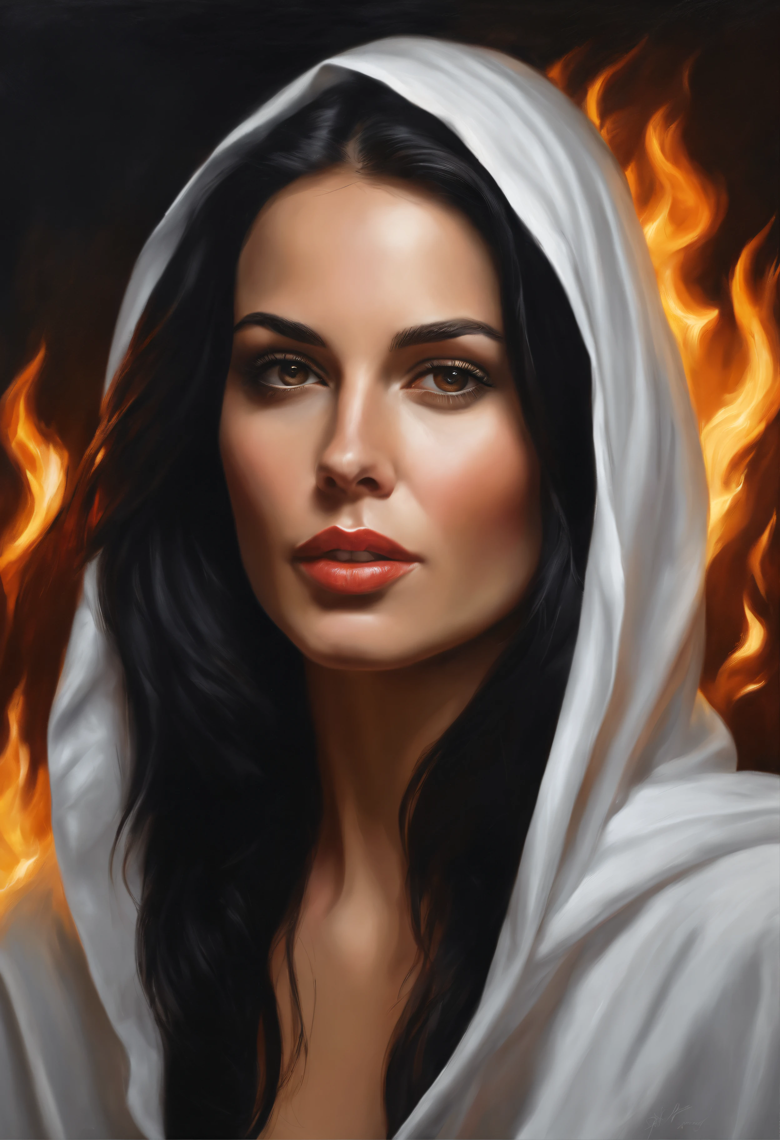 Painting of a woman with long black hair and a white hooded shirt., High Quality Portrait, realistic female portrait, Fire in your hands, realistic digital painting, detailed beauty portrait, Oil painting depicting a realistic woman, Detailed beautiful portrait, realistic portrait, detailed color portrait, realistic portrait photo, in the style of oil painting, realistic studio portrait, Digital Oil Painting, digital art portrait, 64-bit realistic painting