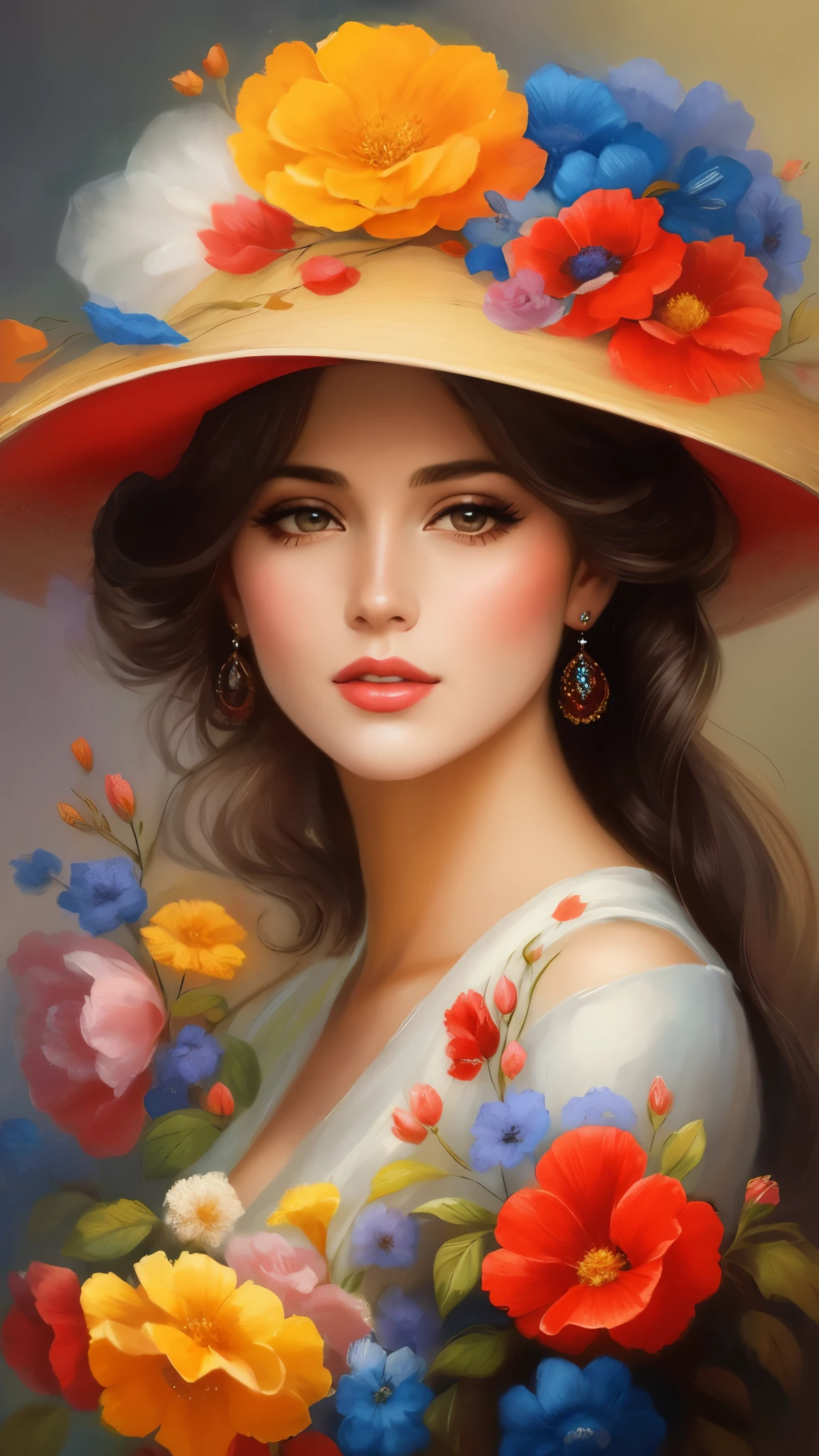 Painting of a woman in a hat with flowers., elegant digital painting, beautiful digital painting, beautiful portrait image, beautiful portrait oil painting, the picture is beautiful, beautiful feminine face, beautiful digital artwork, beautiful retro art, beautiful drawing of the characters, Elegant woman, feminine beautiful face, Gorgeous digital painting, beautiful gorgeous digital art, very beautiful portrait, beautiful digital art