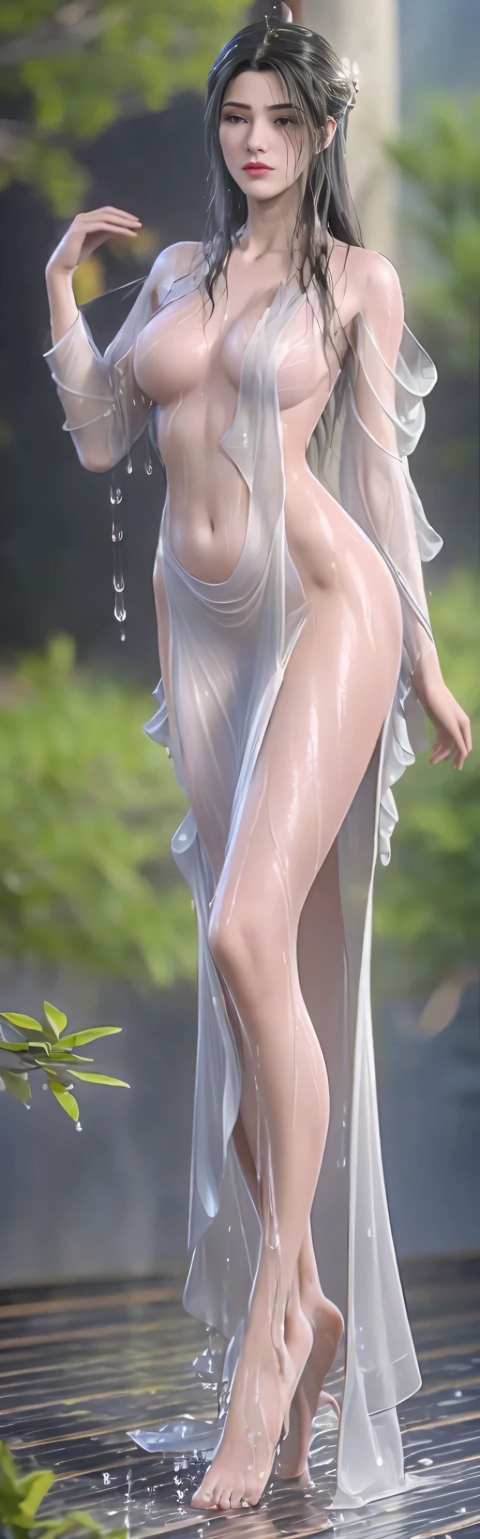 (1 girl:1.3), alone, __Full body front__, official art, unified 8k wallpaper, super detailed, Beautiful and beautiful, masterpiece, best quality, raw, super detailed photos, best quality, ultra high resolution, photorealism, Sunlight, full body portrait, amazing beauty, delicate face, vibrant eyes, (from the front), Detailed face, Gorgeous, highly refined skin, Realistic skin details, Visible pores, sharp focus, volumetric fog, 8K Ultra HD, SLR camera, high quality, film grain, White skin, photorealism, ((black hair: 1. 3)), long hair, Chest, open eyes, Slit sleeves, skinny, transparent, pink, ((nude:1.4)), pink, jewelry, Gold fittings, Gorgeous配饰, complicated, sexy eyes,delicate lips, long hair, medium Chest,Raise your hand,put it behind your head, Sexy long legs,take off shoulders,,Navel exposed,show off your waist,Expose the thighs,Hidetoshi,show your feet,Nice shoes,gray background, close your lips, petal, peach blossom, pink, front standing posture, downpour,((((wet,wet hair:1.4)))), ((Raise your hand,put it behind your head)),((Full body front照:1.4)),(((Body facing camera:1.4))),((Full frontal photo:1.4)),Keep your eyes on the camera