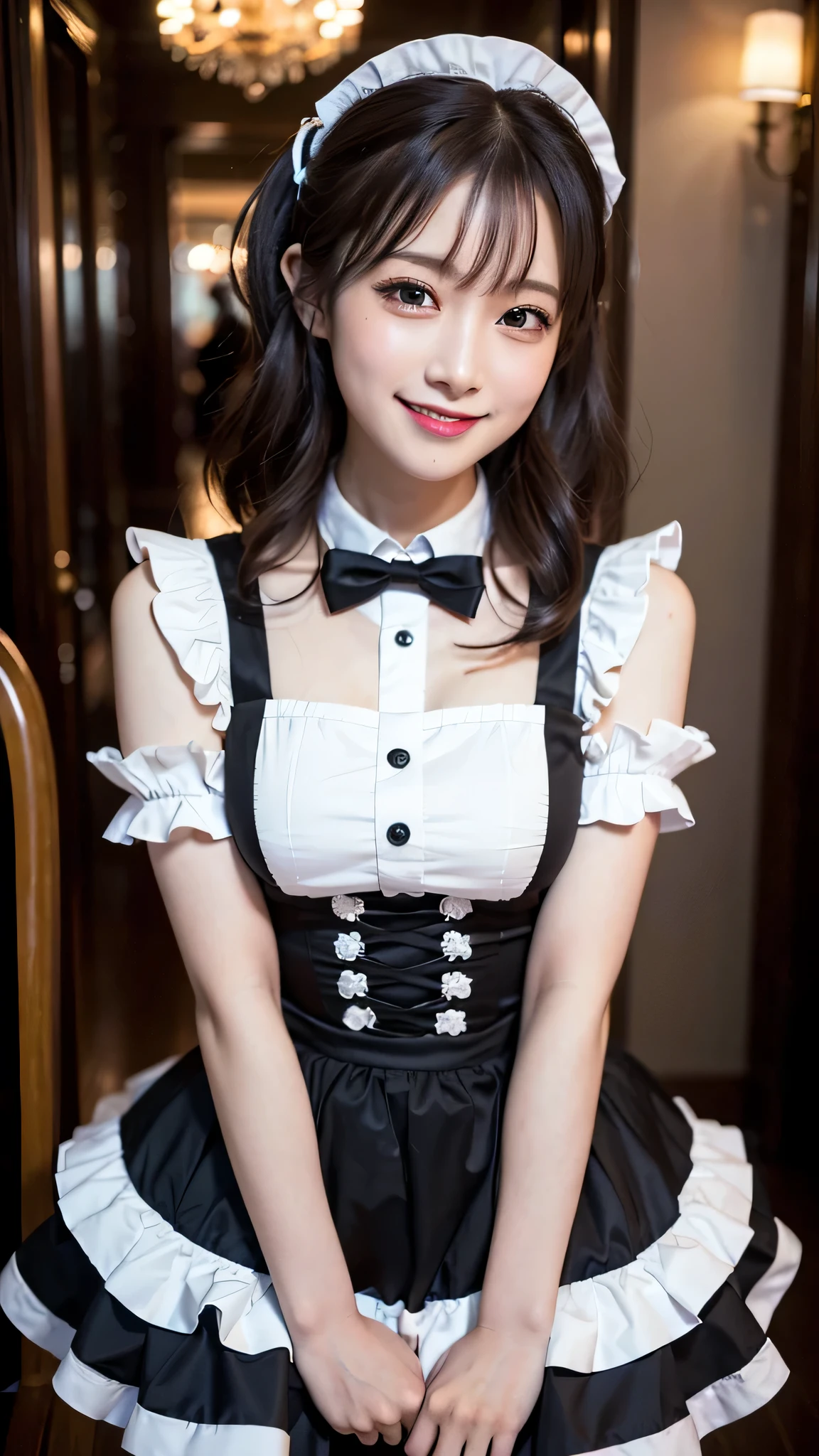 (((medium hair))), highest quality, 8k, nffsw, High resolution, absurd:1.2, photograph, (RAWphotograph:1.2), (Photoreal:1.4), (masterpiece:1.3), 1 girl, alone, japanese girl, delicate and beautiful details, (detailed eye), (detailed facial features), (highest quality:1.4), (超A High resolution:1.2), (highly detailed diagram), (lip gloss、highest quality、超A High resolution、1 girl、alone、Nogizaka 私dol、fiery idol pose、maid Cafe、Various poses are cute、girl、maid costume,best smile,laughter、maid costume、lace ruffles、
