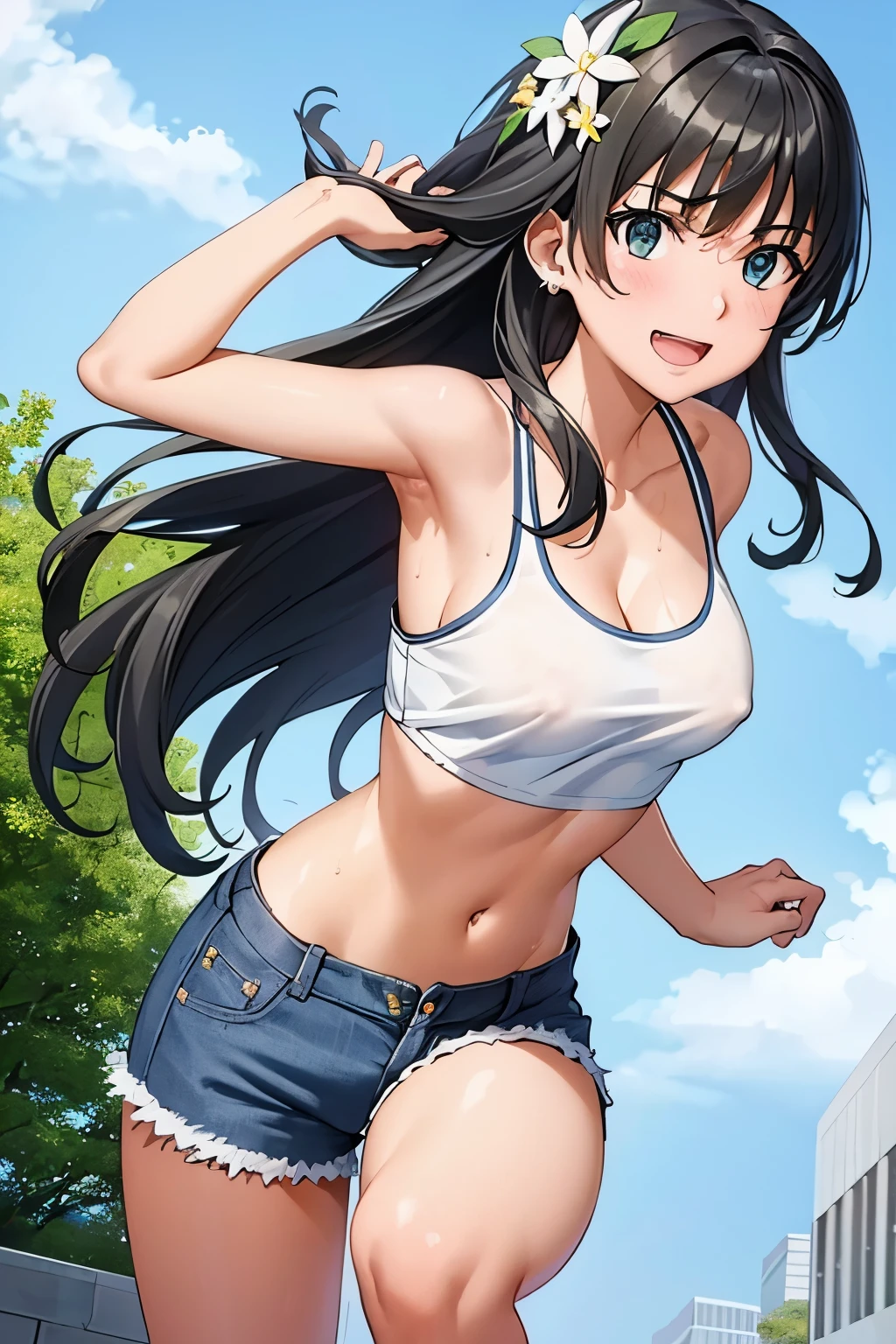 saten_ruiko, 1girl,18yo,black long hair,hair ornament, flower ornament,good anatomy, masterpiece, best quality,realistic, hyperrealistic, 16k hdr,earrings,(sports bra top:1.2),(low-rise damaged short denim pant:1.3),, outdoors,blue sky,strong wind,from below,(happy smile),(running:1.2),dynamic pose,navel,erected nipples,cleavage,(sweat:1.2)