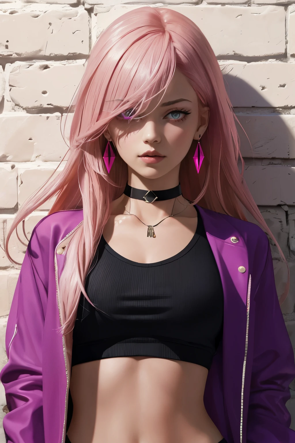 (masterpiece, best quality, 1girl, solo, intricate details, chromatic aberration), realistic, ((medium breath)),long hair, pink hair, red head ornament, pink highlights, hair over one eye,purple eyes, earrings, sharp eyes, choker, neon shirt, open jacket, crop top, (symmetry eyes),(perfect symmetrical body),against wall, brick wall, graffiti, dim lighting, alley ,look at viewer