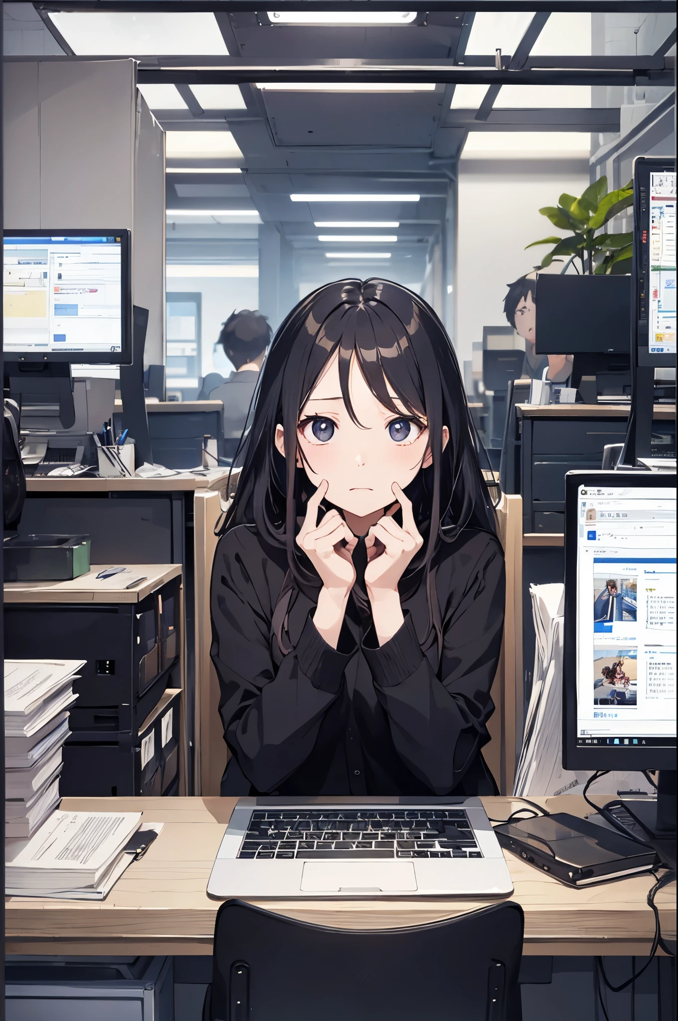 (Pretty sister:1.3)、spring atmosphere、evening、aggressive、office、((impatient face))、type into computer、large amount of work、overtime