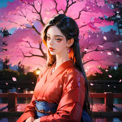 ((best quality)), ((masterpiece)), ((actual)), beautiful flawless girl standing in peaceful japanese garden，cherry blossoms at e...