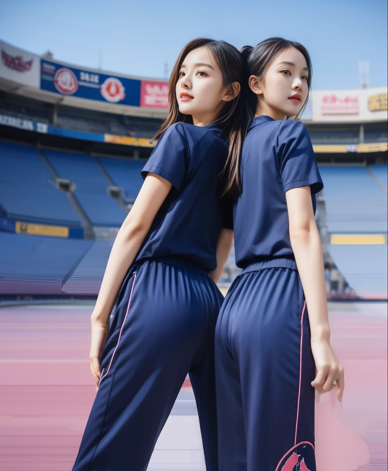 (best quality,10,10,height,Masterpiece:1.2),Special details,(realistic,ภาพrealistic,Realistic photos:1.37),1 cute girl on the football field,shiny, ผิวshiny,only,smile softly,BDclothelue shirt:1.3)),short sleeve,shirt, กางเกงขาlong.,(navy_long_track pants:1.1), ((stadium background:1.3)),Dynamic angle,excited,Face focus,dynamic poses,from behind,focus on ass,Masterpiece, best quality, ultra realistic, hyper-detail, 8K resolution, raw photos, Sharp focus, ((Navy blue shirt:1.1)), short sleeve, เส้นทางlong, perfect body, 2 mature women, 18 years old, Cinema-grade lighting system,blue sweatpants,shirtผ้าออกกำลังกาย,correct anatomy,perfect body, correct body, Sharp face, correct bodyทางกายวิภาค, full body, realistic gestures, long-haired, realistic poses,Wear long shorts................................,ช่วงขาlong,Good shape,carved girl, Slender figure, model, Good shape, beautiful body,blue sweatpants, two girls kissing