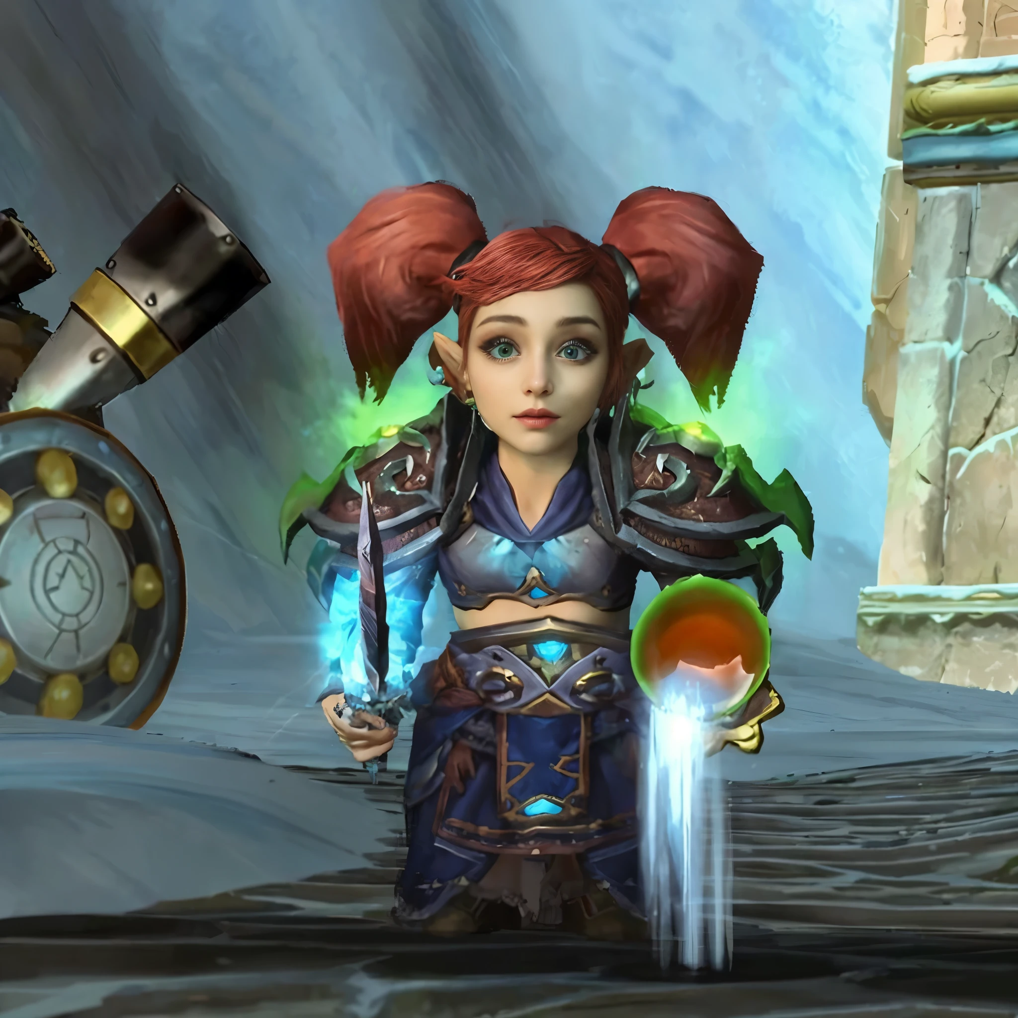 un gros plan d'une personne dans un jeu avec une épée, Femme Gnome Artificier, druide gnome, cotton robes de mage des nuages, robes de mage des nuages, a witch throwing a ball of ice cream, porter des robes de mage, Druide elfique de World of Warcraft, gnome illusionniste, porter des robes de mage remplies d'stars, le mana circule autour de lui, de World of Warcraft