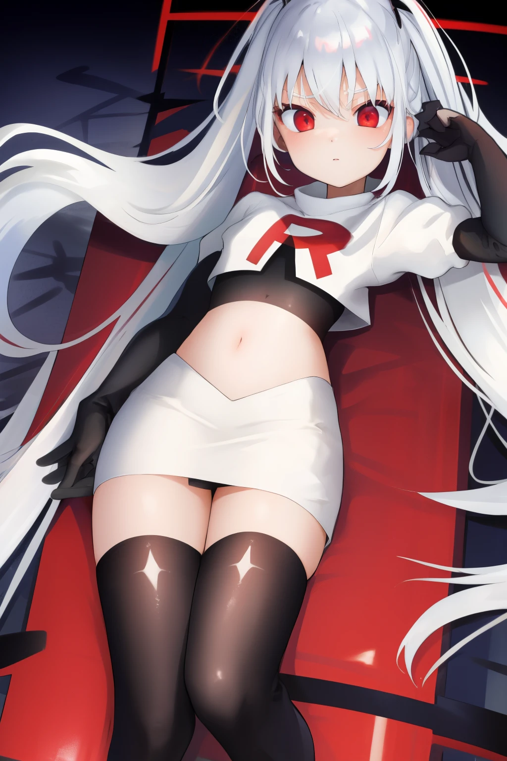 colorful hair, (long hair),(((adult))) ta, shiny skin, shiny hair, hair ornament, black ribbon, small flat chest, visible through hair, hairs between eyes, cute, highlight hair, solo, fantasy, Gradient hair, white hair, apathy, black angel wings on back, black Feather, flying, (black metallic wings ), Feather, flying, (iron wings), white hair, red eyes, team rocket,team rocket uniform,white skirt,red letter R,crop top,black thigh-highs,black elbow gloves