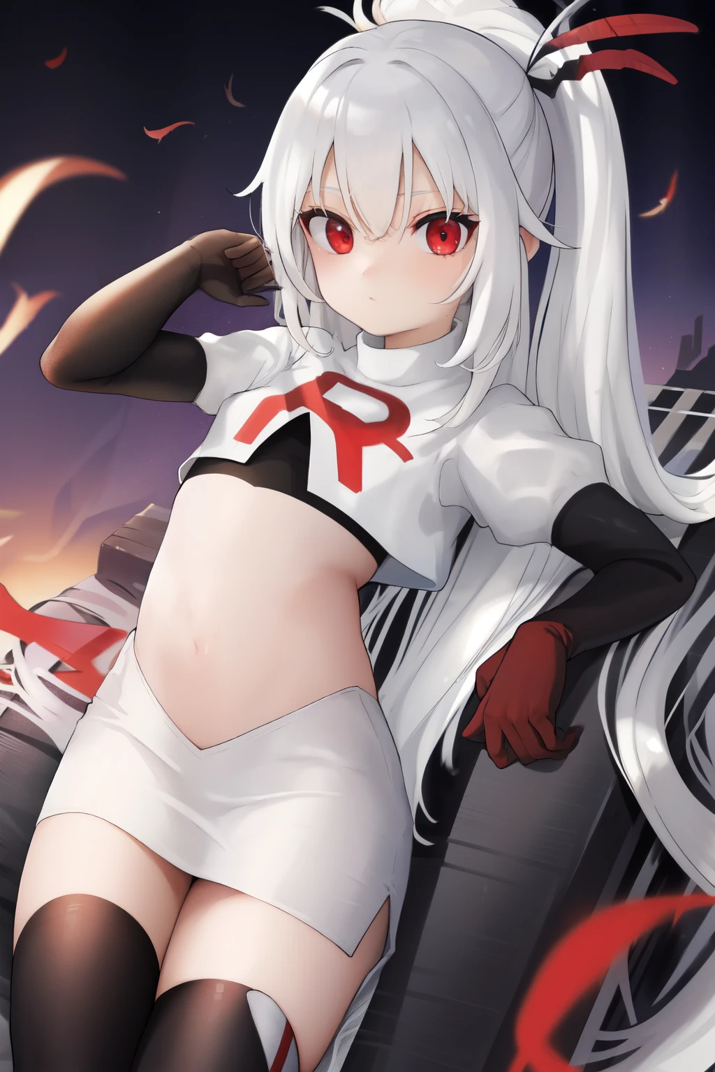 colorful hair, (long hair),(((adult))) ta, shiny skin, shiny hair, hair ornament, black ribbon, small flat chest, visible through hair, hairs between eyes, cute, highlight hair, solo, fantasy, Gradient hair, white hair, apathy, black angel wings on back, black Feather, flying, (black metallic wings ), Feather, flying, (iron wings), white hair, red eyes, team rocket,team rocket uniform,white skirt,red letter R,crop top,black thigh-highs,black elbow gloves