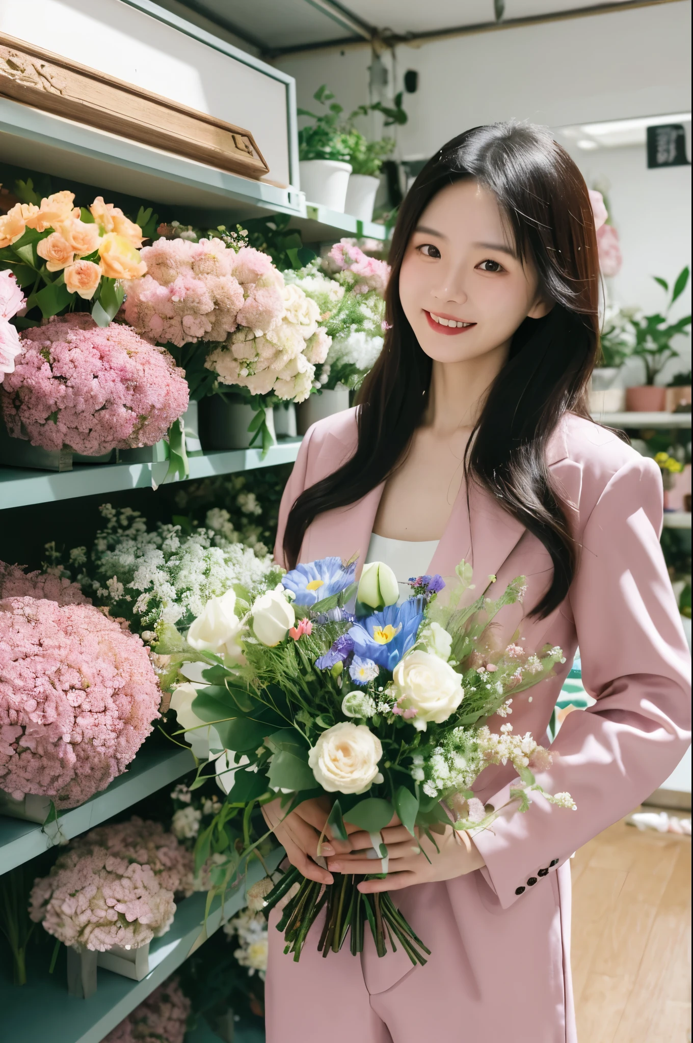 30- year - old chinese woman in flower shop filled with flowers, the woman is holding a bouquet of flowers, happiness smile, playful energy, body extensions，wearing a suit, the background is the city, in the style of naturalistic poses, analog film, super detail, dreamy lofi photography, colourful, covered in the flowers and vines,inside view, shot on fujifilm, ar 3:4 --upbeta --s 800 --chaos 80