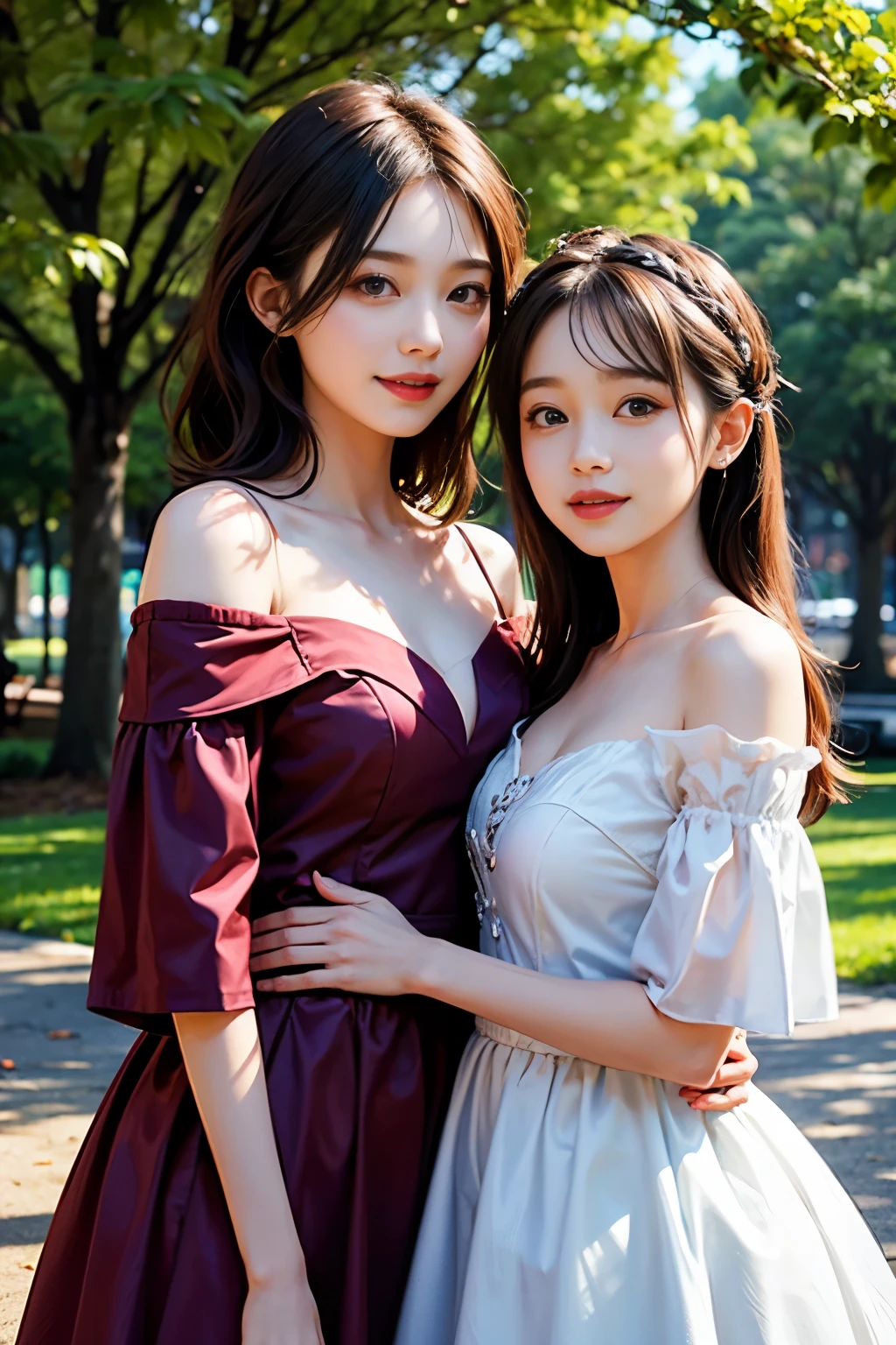 ((2 girl)), smile, off shoulder deep-v dress, in park, with her girlfriend, romantic,,  tree background