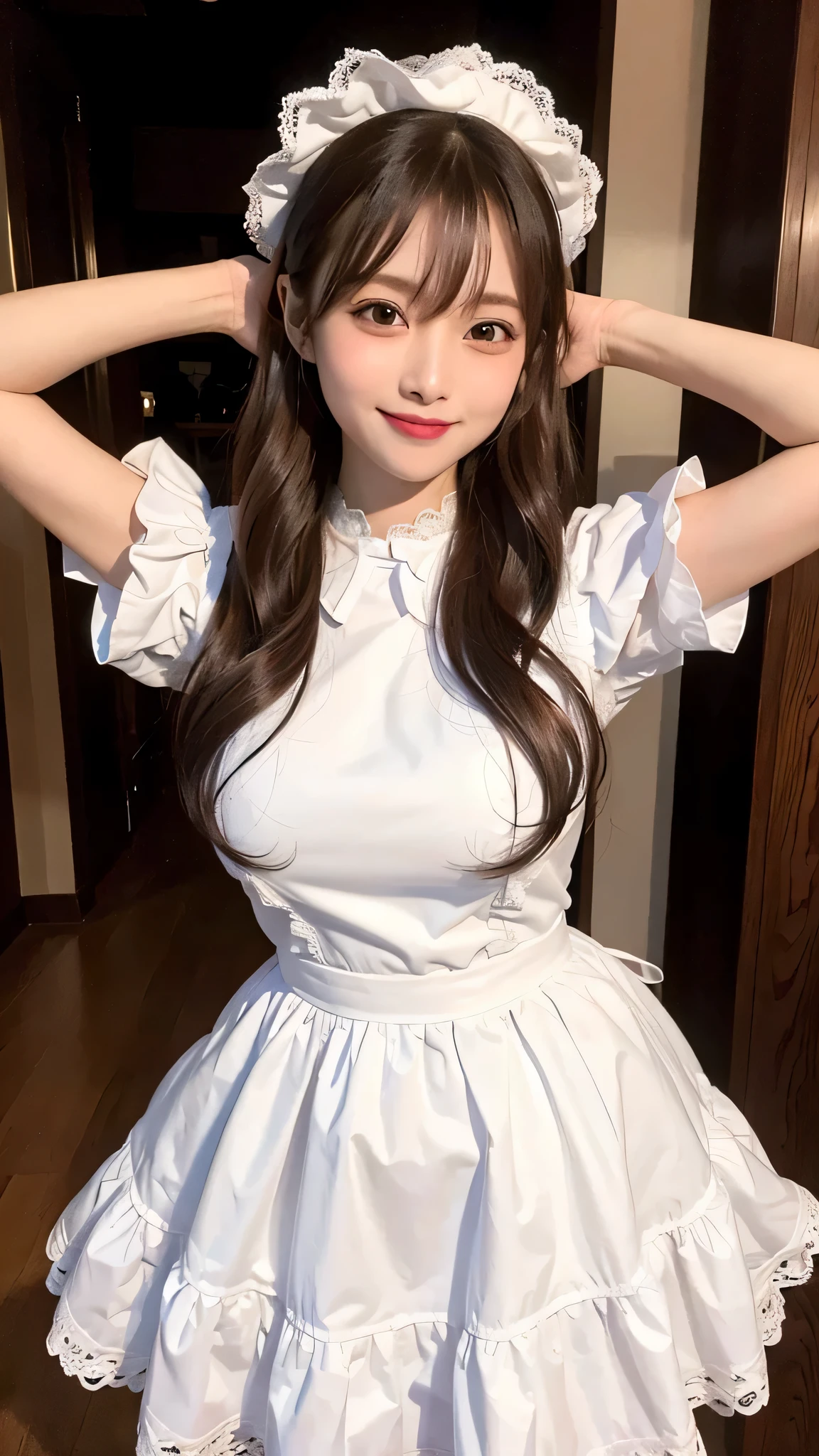 (((medium hair))), highest quality, 8k, nffsw, High resolution, absurd:1.2, photograph, (RAWphotograph:1.2), (Photoreal:1.4), (masterpiece:1.3), 1 girl, alone, japanese girl, delicate and beautiful details, (detailed eye), (detailed facial features), (highest quality:1.4), (超A High resolution:1.2), (highly detailed diagram), (lip gloss、highest quality、超A High resolution、1 girl、alone、Nogizaka 私dol、fiery idol pose、maid Cafe、Various poses are cute、girl、best smile,laughter、Maid clothes of various colors、lace ruffles、