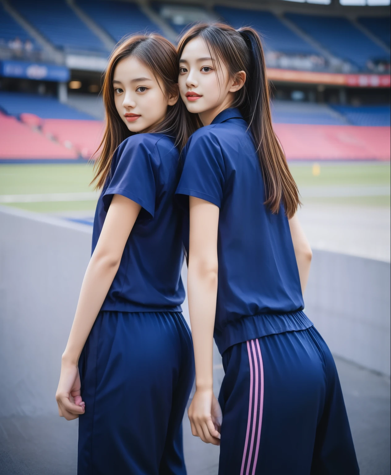 (best quality,10,10,height,Masterpiece:1.2),Special details,(realistic,ภาพrealistic,Realistic photos:1.37),1 cute girl on the football field,shiny, ผิวshiny,only,smile softly,BDclothelue shirt:1.3)),short sleeve,shirt, กางเกงขาlong.,(navy_long_track pants:1.1), ((stadium background:1.3)),Dynamic angle,excited,Face focus,dynamic poses,from behind,focus on ass,Masterpiece, best quality, ultra realistic, hyper-detail, 8K resolution, raw photos, Sharp focus, ((Navy blue shirt:1.1)), short sleeve, เส้นทางlong, perfect body, 2 mature women, 18 years old, Cinema-grade lighting system,blue sweatpants,shirtผ้าออกกำลังกาย,correct anatomy,perfect body, correct body, Sharp face, correct bodyทางกายวิภาค, full body, realistic gestures, long-haired, realistic poses,Wear long shorts................................,ช่วงขาlong,Good shape,carved girl, Slender figure, model, Good shape, beautiful body,blue sweatpants, two girls kissing