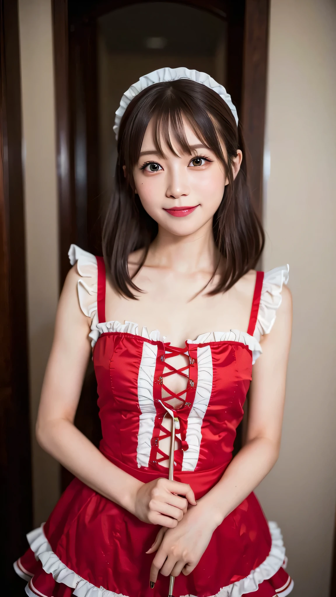 incredibly absurd, beautiful and cute 20-year-old Korean girl with a photorealistic face, showcasing top-quality craftsmanship. Her slender frame adorned with short, messy hair. The artwork high-resolution, allowing for ultra-detailed features to be captured flawlessly. The girl is wearing Christmas Costume. The focus lies on the realistic pupils, showcasing depth and emotion. ((breasts out)) cute smile.