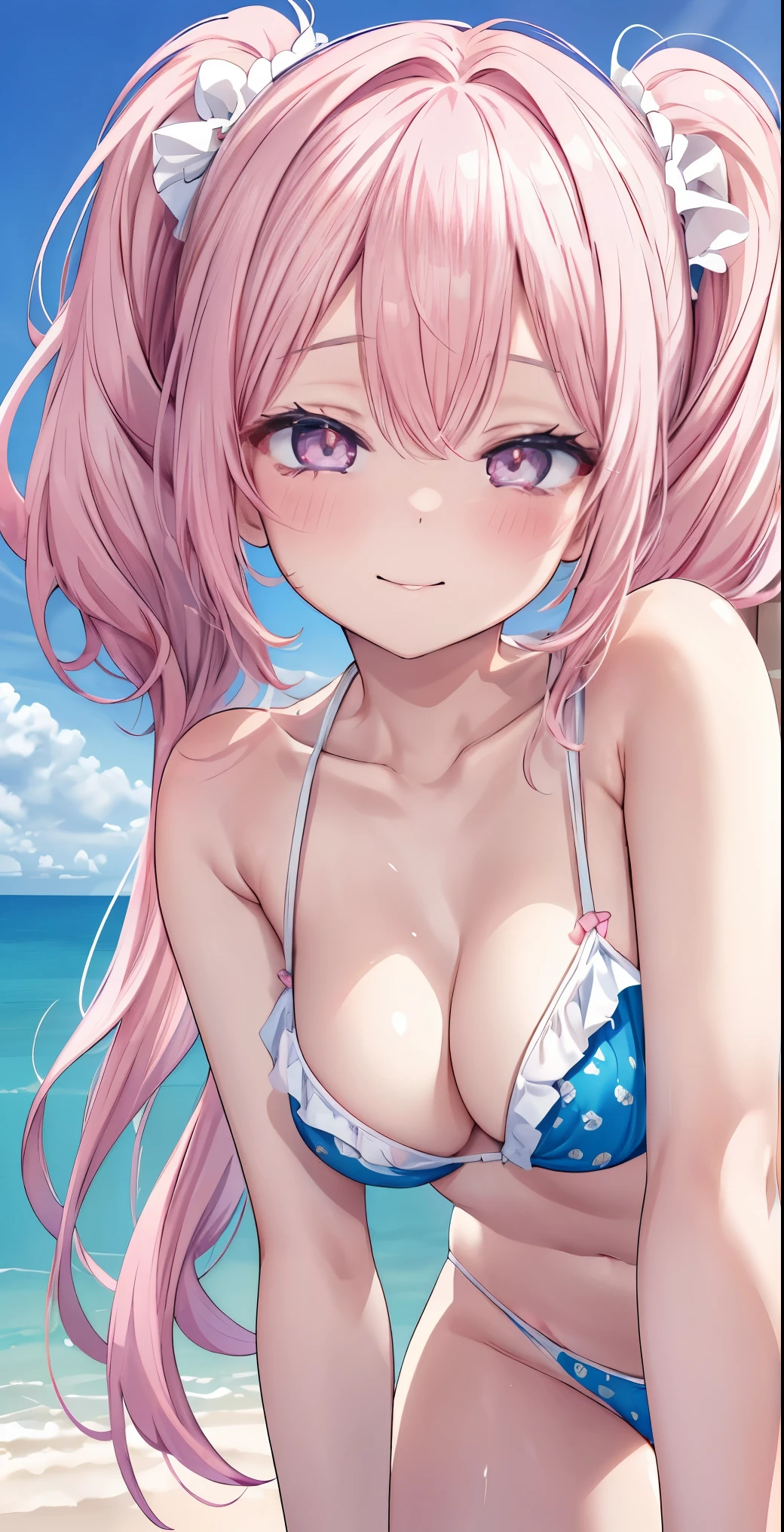 kiddy, 18yo, adorable, girl,small breast,  cleavage, swimwear, twintails  ,short lightpink hair ,   upper body shot,(smile:1.2), suggestive, leaning forward, , detailed lips, extremely detailed face ,  high-quality rendering , (4k, highres:1.37)