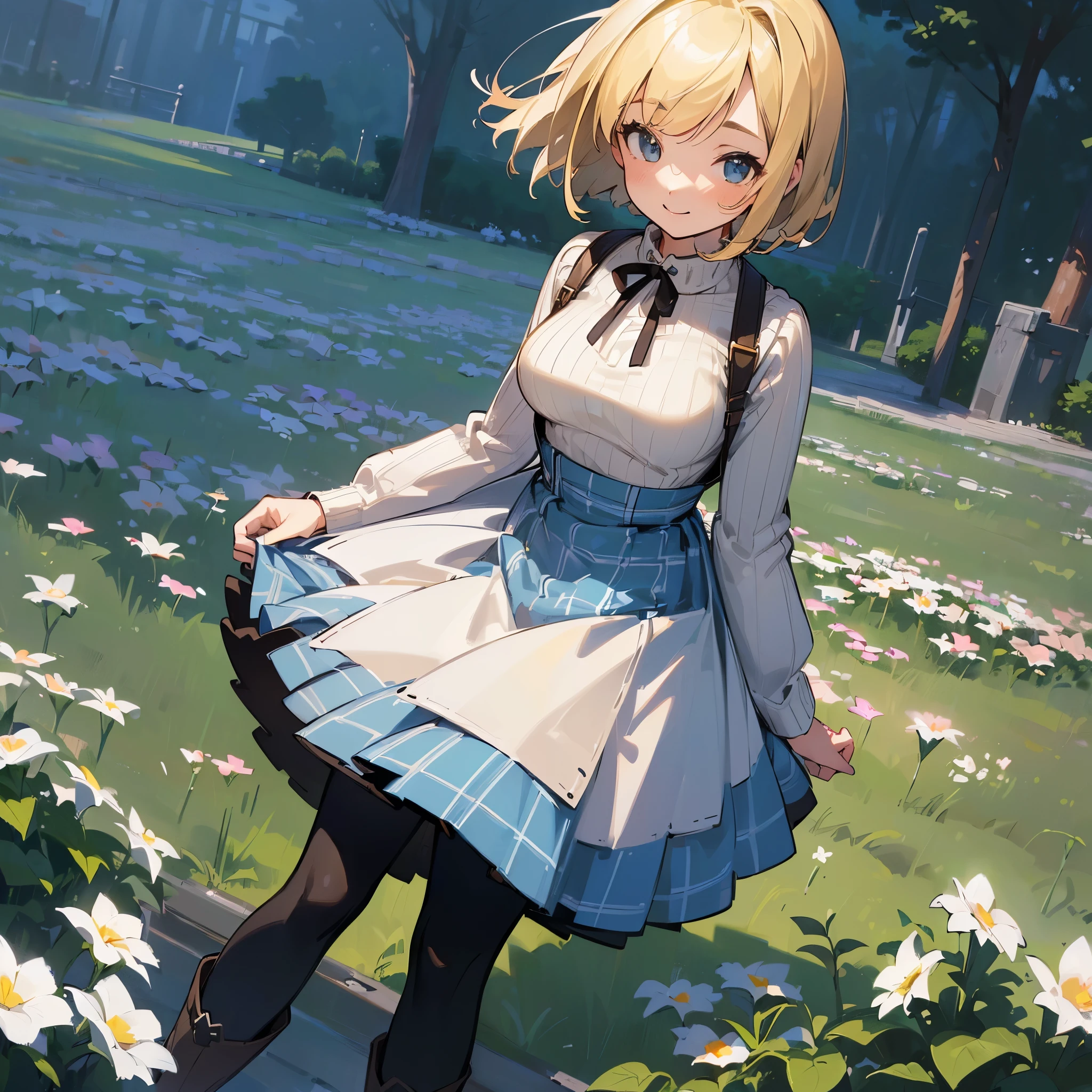 (high quality, High resolution, Super detailed, reality:1.37), peaceful atmosphere, (outdoors, garden), teenage girl standing alone, (my breasts are big.), Beautiful detail features, cute smile, (blonde bob hair), ribbed sweater, blue plaid skirt, black tights, brown boots.