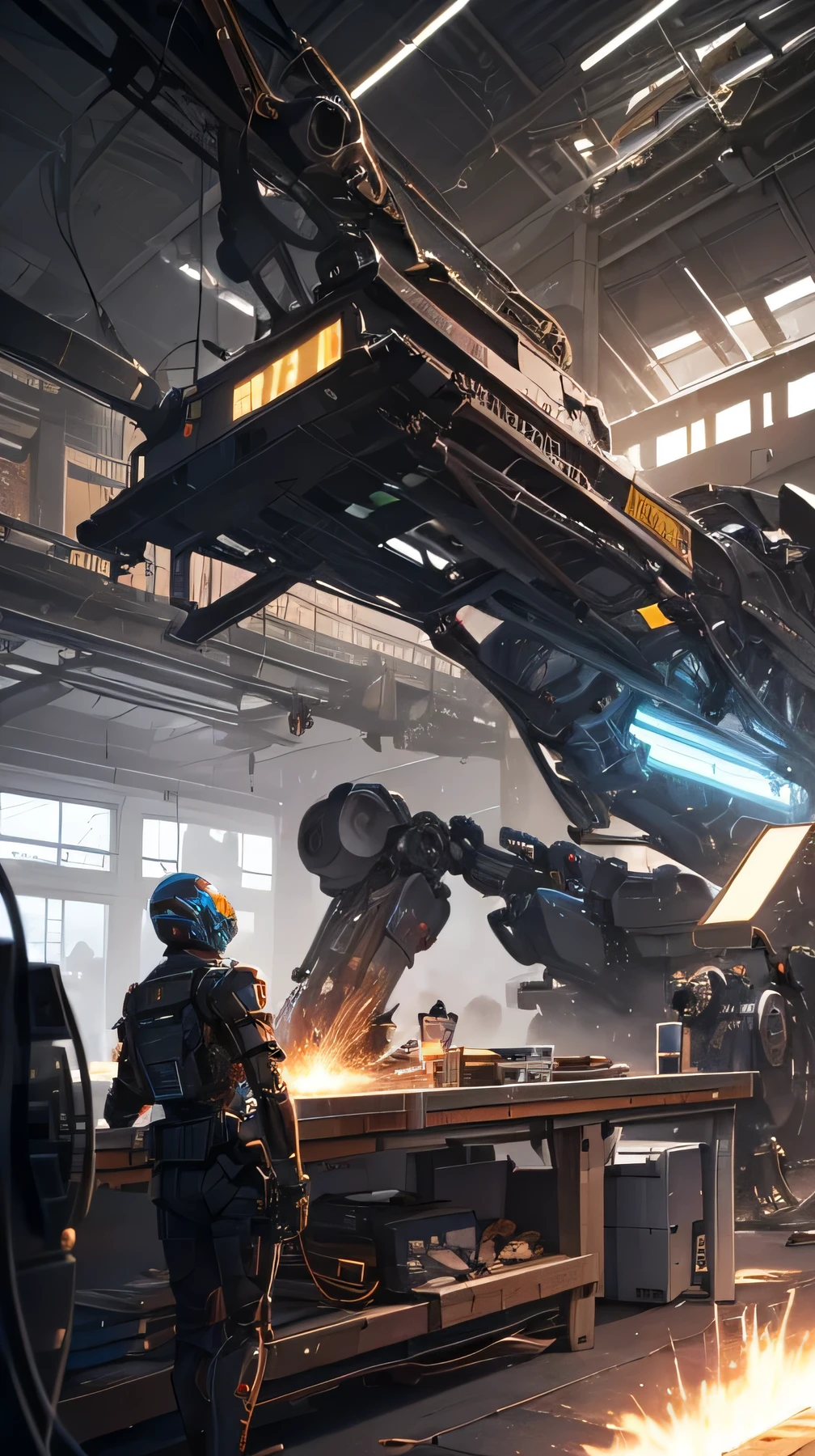 There are three robotic arms on the scientific mechanical workbench (background is or spark flying mechanical technology factory 1.5) (spark 1.8) masterpiece: 1.3) (futuristic technology 1.5) (science fiction 1.3) with unparalleled masterpiece, surreal 8K, perfect artwork, super detail, best quality, masterpiece 4K wallpaper aesthetics, masterpiece, award-winning artwork, official art
