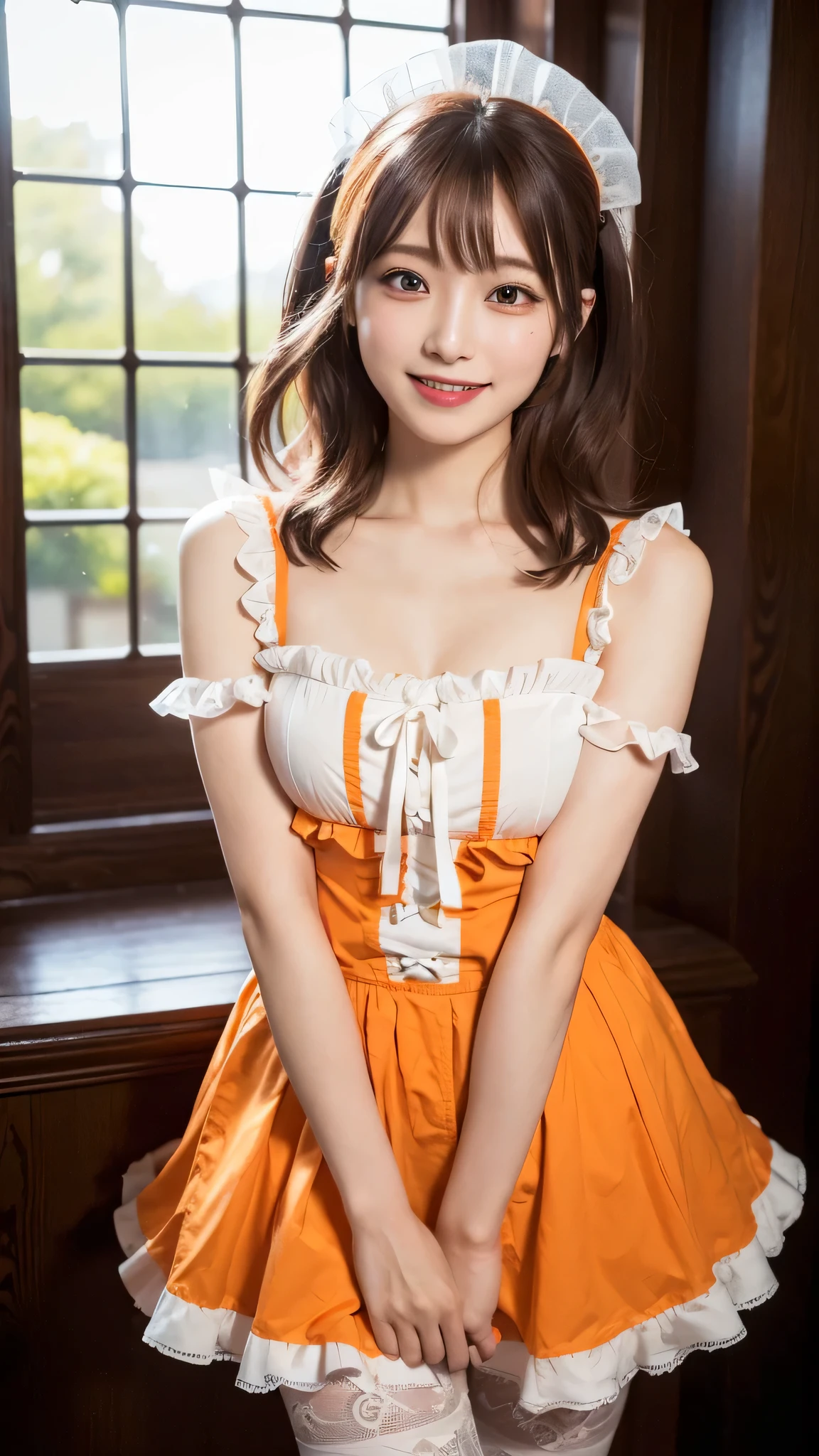 (((medium hair))), highest quality, 8k, nffsw, High resolution, absurd:1.2, photograph, (RAWphotograph:1.2), (Photoreal:1.4), (masterpiece:1.3), 1 girl, alone, japanese girl, delicate and beautiful details, (detailed eye), (detailed facial features), (highest quality:1.4), (超A High resolution:1.2), (highly detailed diagram), (lip gloss、highest quality、超A High resolution、1 girl、alone、Nogizaka 私dol、fiery idol pose、maid Cafe、Various poses are cute、girl、best smile,laughter、Orange maid clothes、lace ruffles、