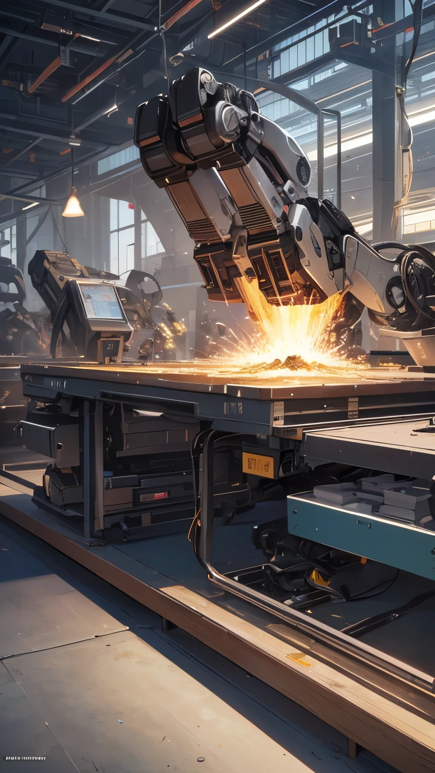 There are three robotic arms on the scientific mechanical workbench (background is or spark flying mechanical technology factory 1.5) (spark 1.8) masterpiece: 1.3) (futuristic technology 1.5) (science fiction 1.3) with unparalleled masterpiece, surreal 8K, perfect artwork, super detail, best quality, masterpiece 4K wallpaper aesthetics, masterpiece, award-winning artwork, official art