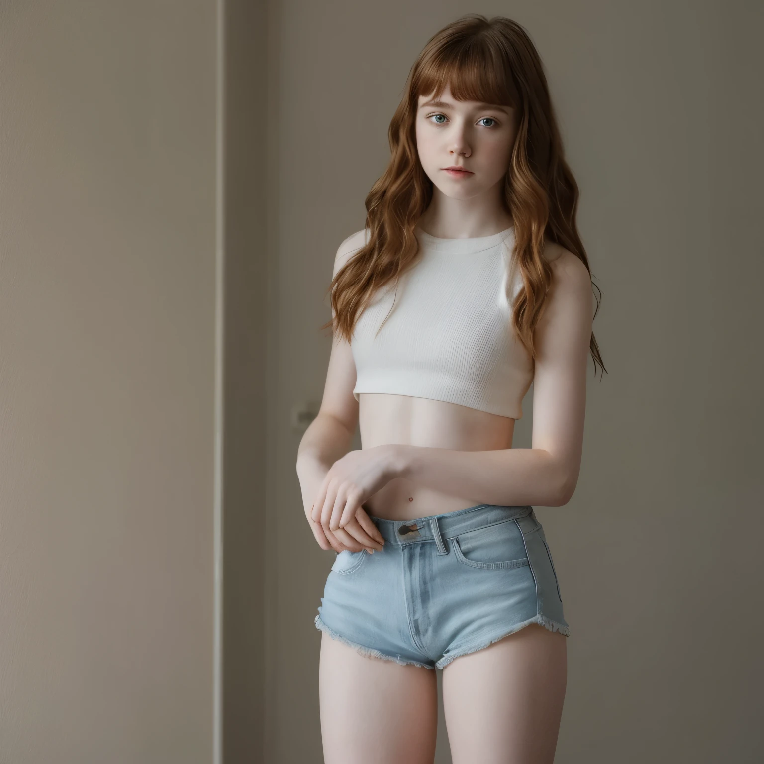 Sophia Lillis,  body , pale skin, long wavy hair, thick thighs, standing