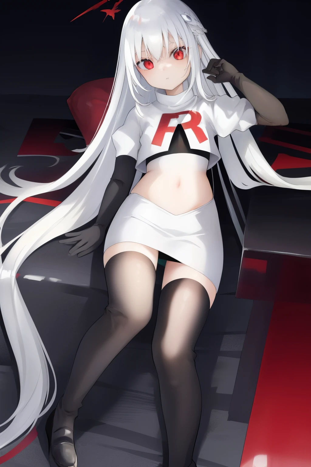 colorful hair, (long hair),(((adult))) Lolita, shiny skin, shiny hair, hair ornament, black ribbon, small flat chest, visible through hair, hairs between eyes, cute, highlight hair, solo, fantasy, Gradient hair, white hair, apathy, black angel wings on back, black Feather, flying, (black metallic wings ), Feather, flying, (iron wings), white hair, red eyes, team rocket,team rocket uniform,white skirt,red letter R,crop top,black thigh-highs,black elbow gloves
