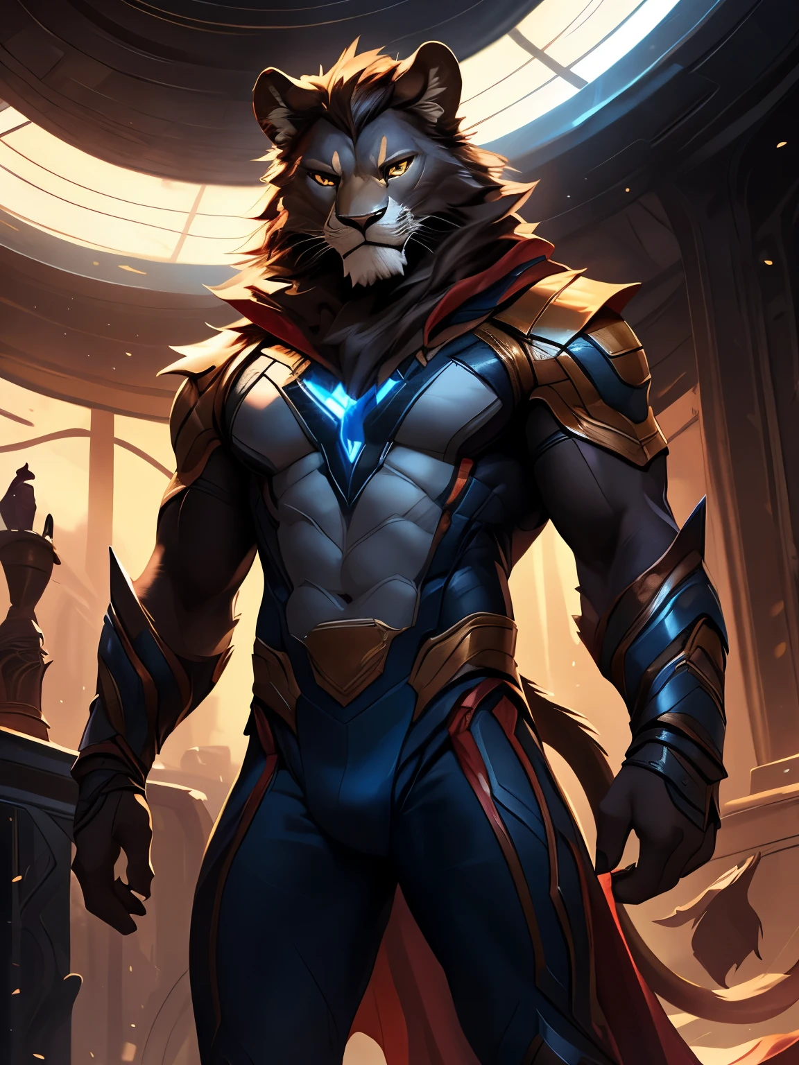 4k, ,8K, A high resolution, best quality, perfect colors, perfect shadows, perfect lighting, posted on e621, (by Chunie, by canyne khai, by t.y.starale), male, furry, Lion anthro, solo, yellow eyes, (Realistic eye details 1.2), On a spaceship, Wearing Marvel Costume, Super Hero, Marvel, Full body like, Slim body, dramatic lighting, soft lighting, day, highly detail, Hair coiled, delight, Standing up position, cool pose charm, Abstract beauty, centre, Looking at the camera, Facing the camera, nearing perfection, Dynamic, highly detailed, illustration, (Realistic background), ((Bonifasko lighting)), (Detailed eyes), perfect pupils, detail eyes, detail fluffy fur, (seductive face:1.2), fit body, Looking at the camera,, fit body, perfect male figure, Detailed fur, Detailed face, Perfect face, Detailed background, (Complex), (Super Detail), (Ultra Clear), (Best Quality)