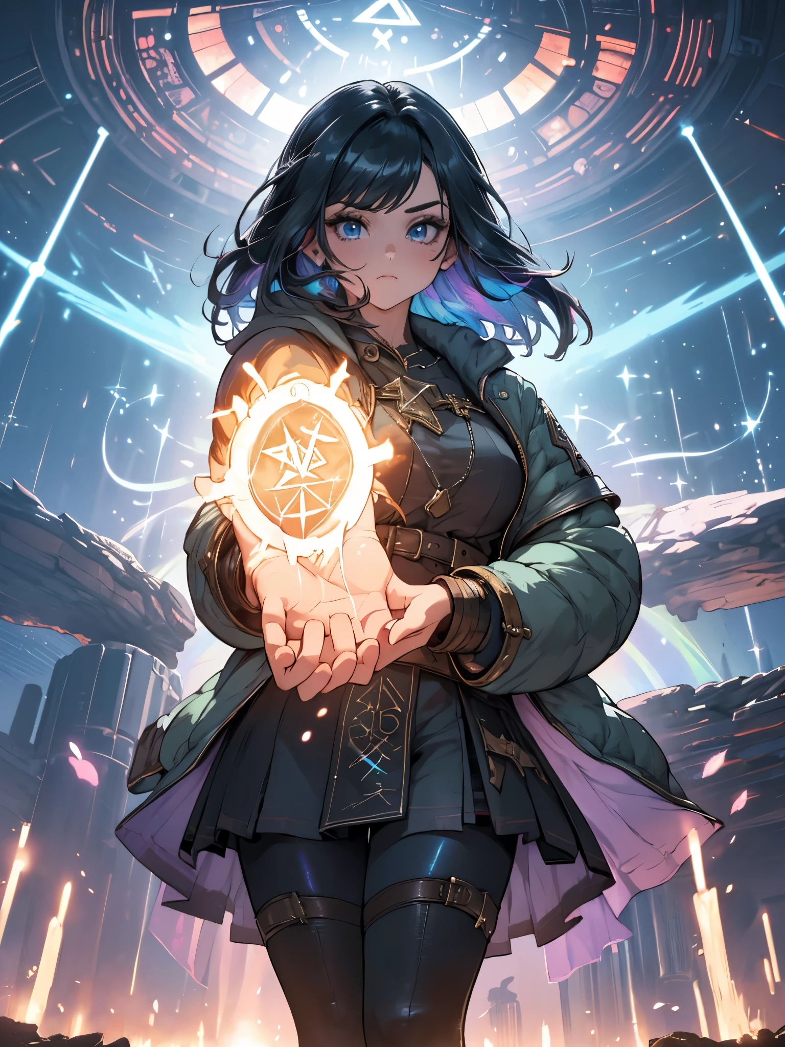 a girl with tight pants, high boots with laces, a jacket with a hood to the back, (((the girl is invoking magic with her hands, where a jet of light comes out with runes and rays))), girl in profile, in a magical and comical setting with spiral flowers and many colors, {extremely detailed 16k CG unit wallpaper}, expansive landscape photography, (a low view focusing on the scenery), (wide open field view), ( low angle photo), (high light: 1.2), (low light: 1.4), (warm light source: 1.2), complex details, (iridescent colors: 1.5), (bright lighting), (atmospheric lighting), Dreamy , single