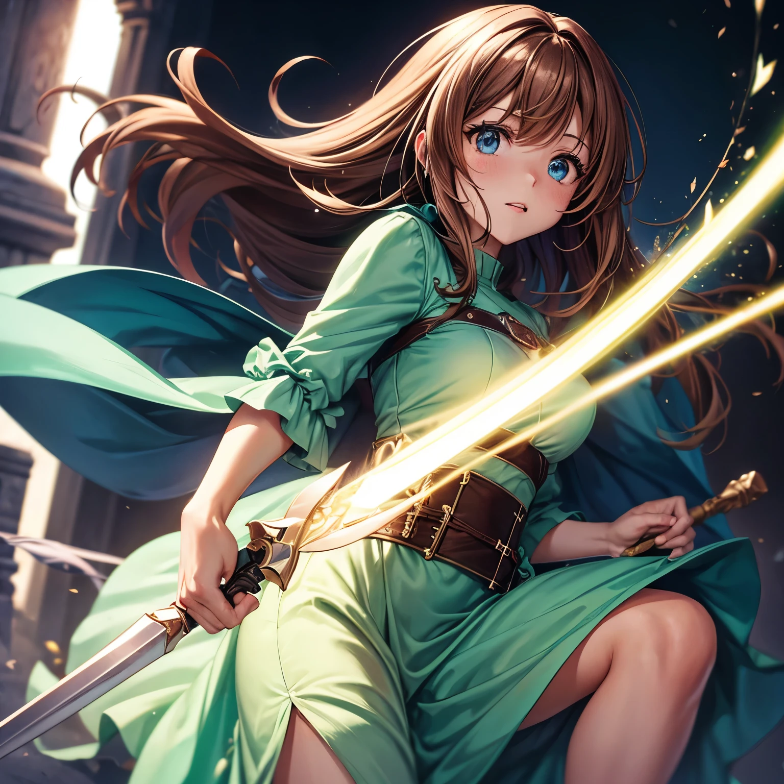 Un personaje femenino de ojos verdes, vestido rosa y blanco, loose light brown hair, electro vision and his weapon is a spear