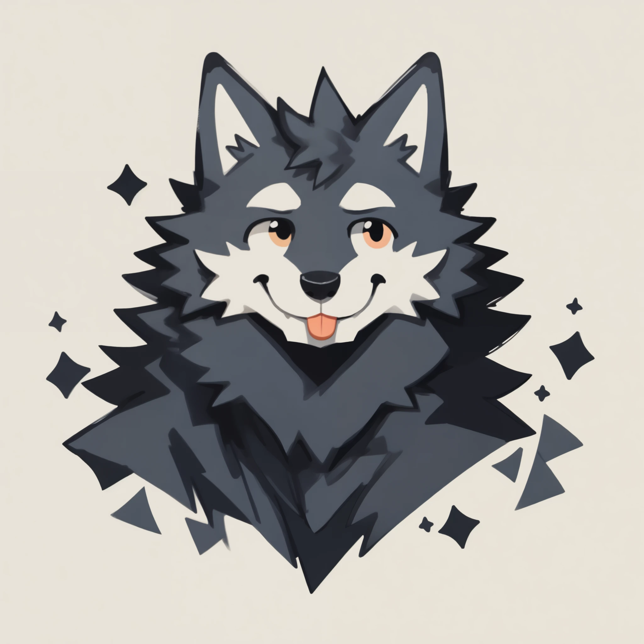 Scribble wolf face, cute face, anthro(wolf), (blep:1.3), smile, blinking, simple background, printmaking style