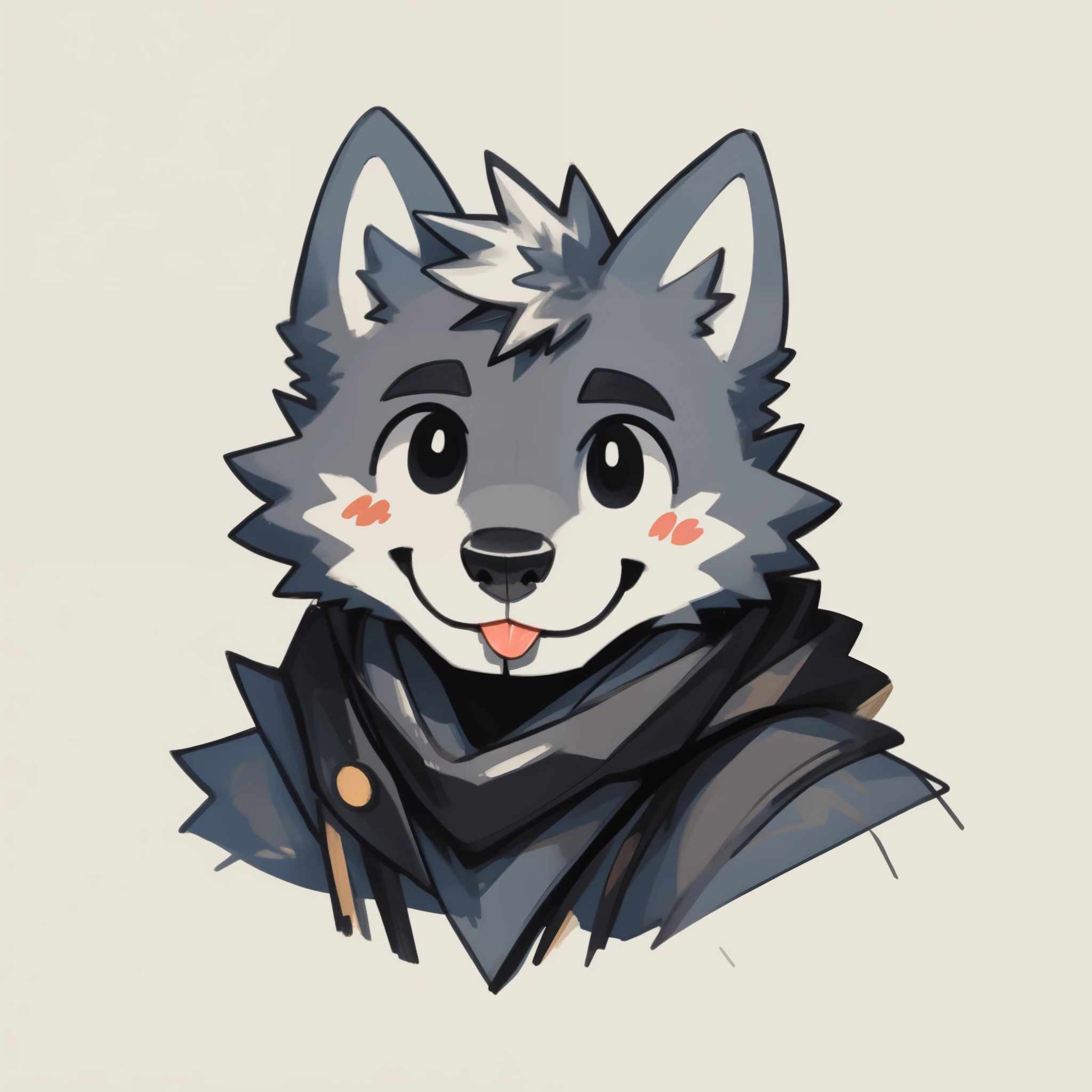 Scribble wolf face, cute face, anthro(wolf), (blep:1.3), smile, simple background, printmaking style