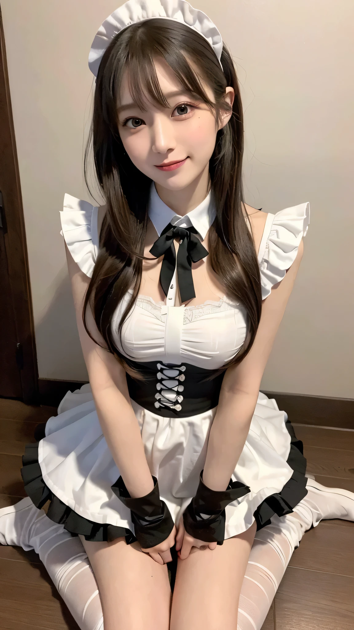 (((medium hair))), highest quality, 8k, nffsw, High resolution, absurd:1.2, photograph, (RAWphotograph:1.2), (Photoreal:1.4), (masterpiece:1.3), 1 girl, alone, japanese girl, delicate and beautiful details, (detailed eye), (detailed facial features), (highest quality:1.4), (超A High resolution:1.2), (highly detailed diagram), (lip gloss、highest quality、超A High resolution、1 girl、alone、Nogizaka 私dol、fiery idol pose、maid Cafe、Various poses are cute、girl、maid costume,best smile,laughter、maid costume、lace ruffles、Kneel with the balls of your feet on the floor、Sit on heels,Pause Request,