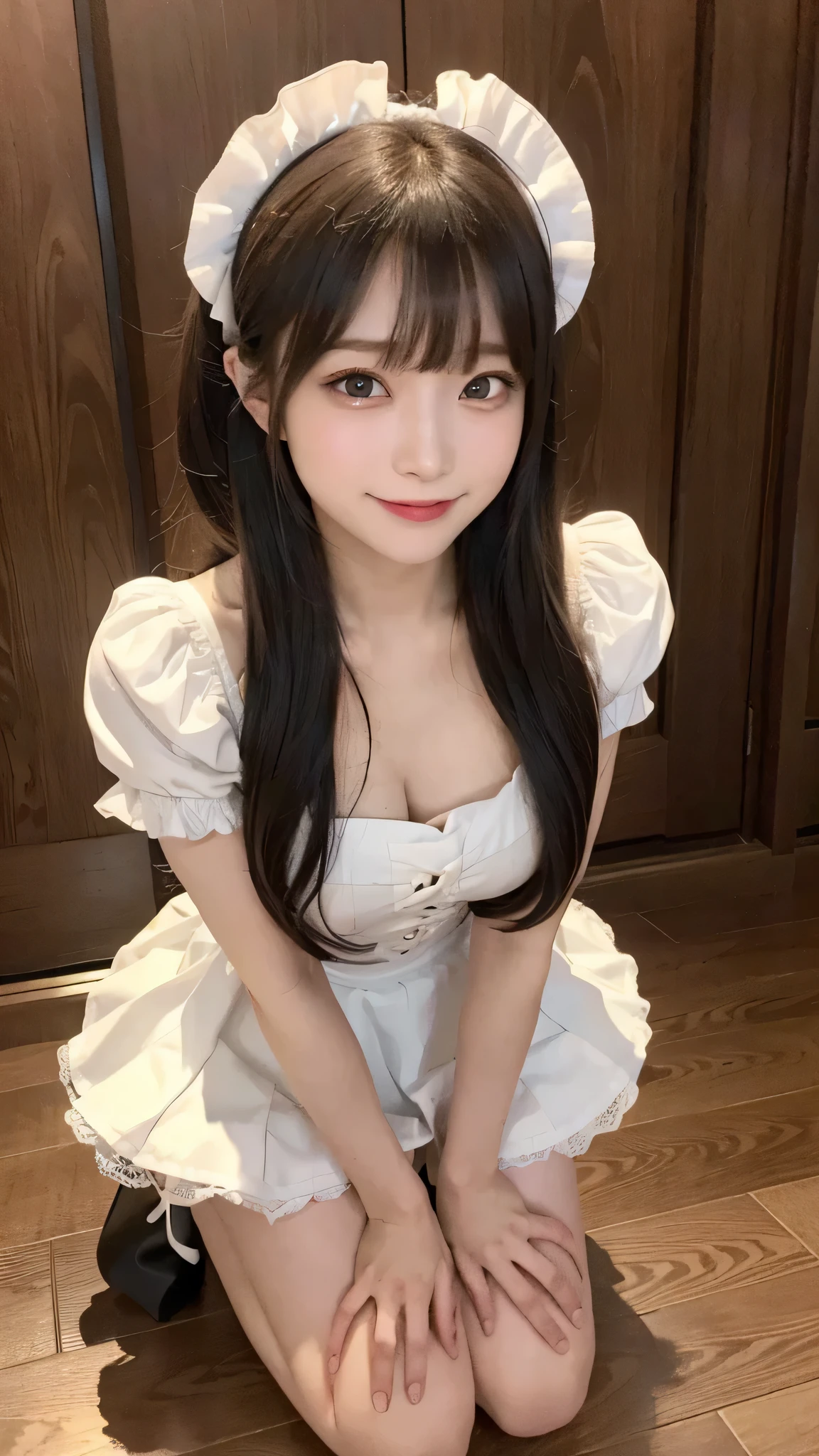 (((medium hair))), highest quality, 8k, nffsw, High resolution, absurd:1.2, photograph, (RAWphotograph:1.2), (Photoreal:1.4), (masterpiece:1.3), 1 girl, alone, japanese girl, delicate and beautiful details, (detailed eye), (detailed facial features), (highest quality:1.4), (超A High resolution:1.2), (highly detailed diagram), (lip gloss、highest quality、超A High resolution、1 girl、alone、Nogizaka 私dol、fiery idol pose、maid Cafe、Various poses are cute、girl、maid costume,best smile,laughter、maid costume、lace ruffles、Kneel with the balls of your feet on the floor、Sit on heels,Pause Request,