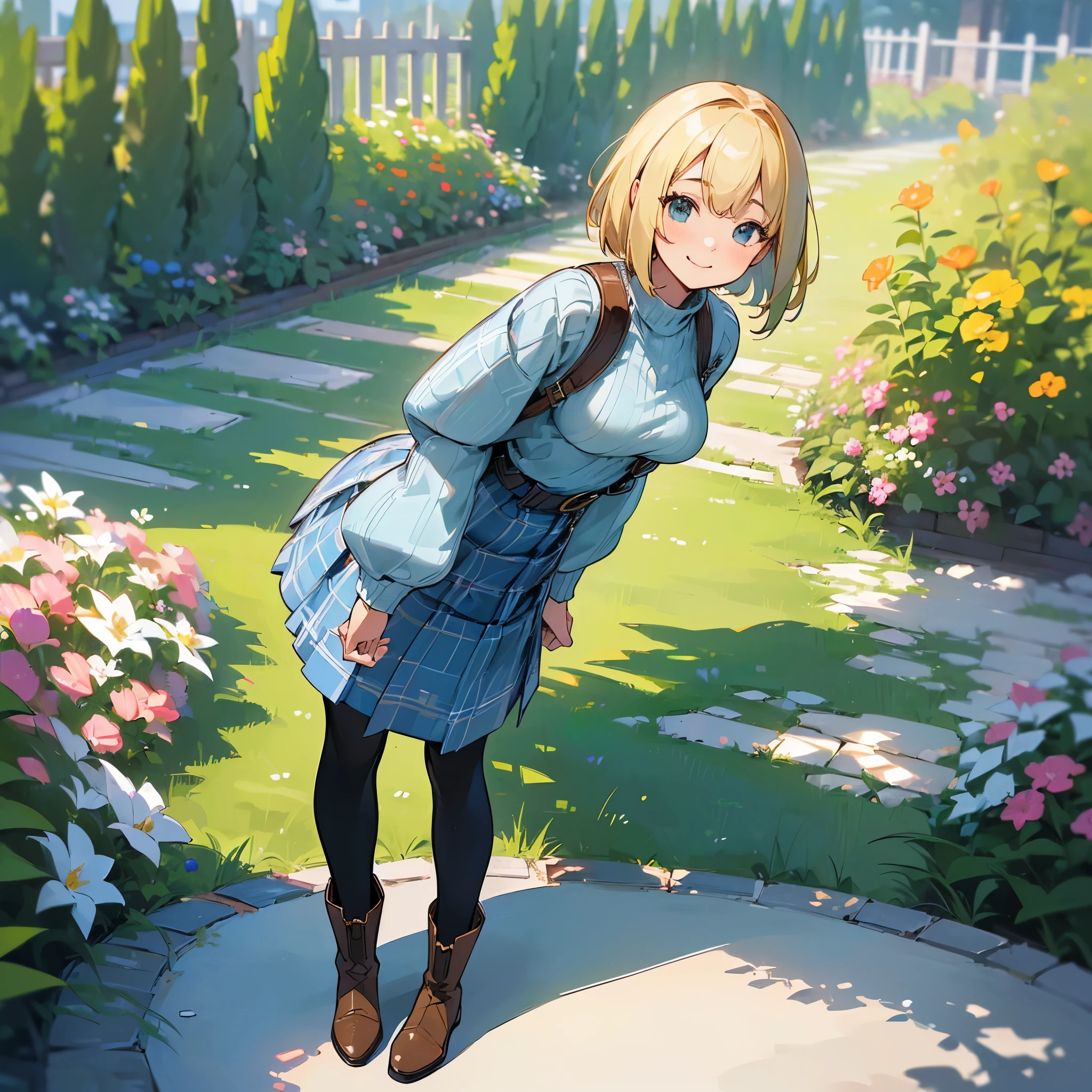 (high quality, High resolution, Super detailed, reality:1.37), peaceful atmosphere, (outdoors, garden), girl standing alone, (my breasts are big.), Beautiful detail features, cute smile, (blonde bob hair), ribbed sweater, blue plaid skirt, black tights, brown boots.