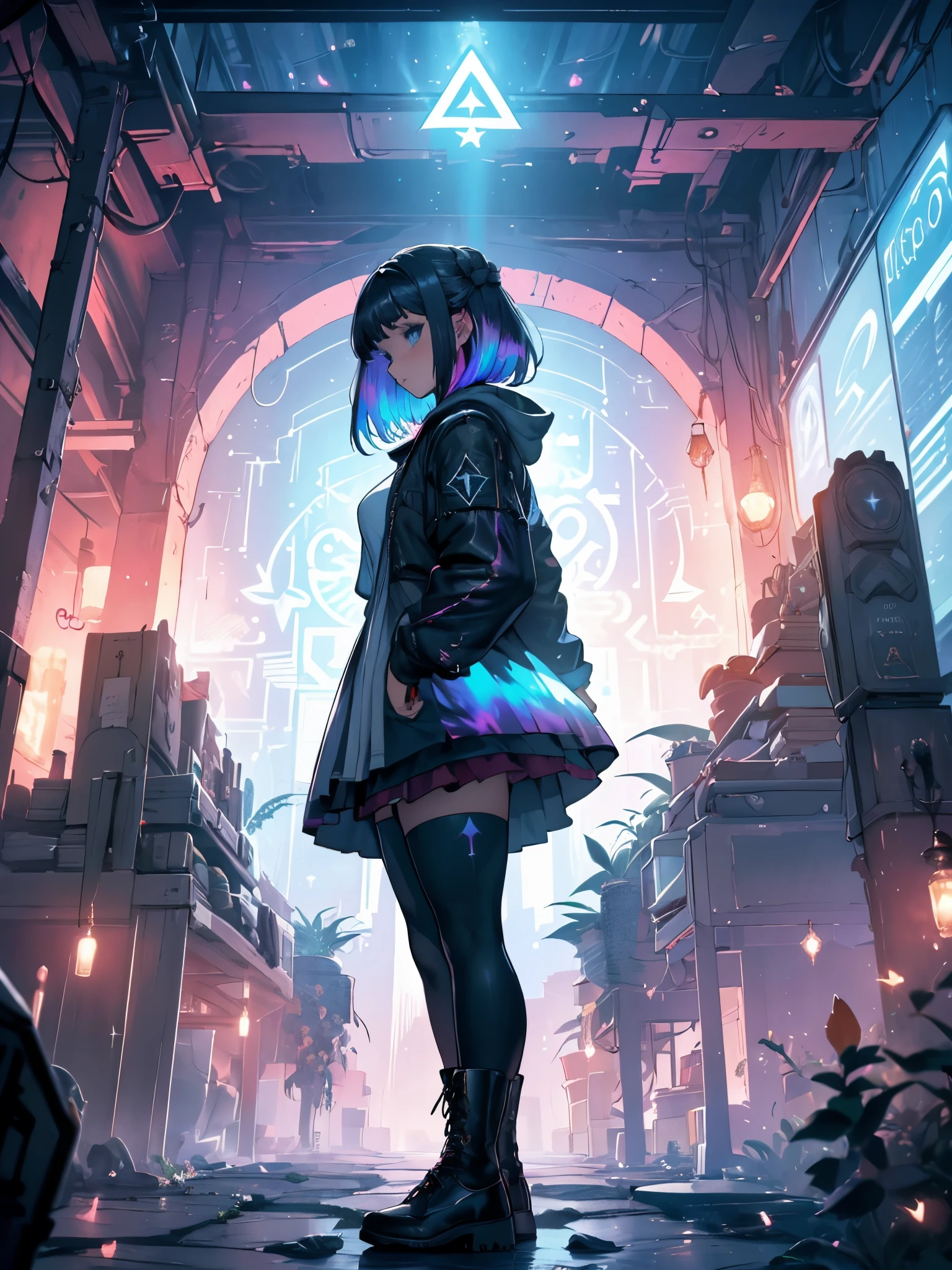 a girl with tight pants, high boots with laces, a jacket with a hood to the back, (((the girl is invoking magic with her hands, where a jet of light comes out with runes and rays))), girl in profile, in a magical and comical setting with spiral flowers and many colors, {extremely detailed 16k CG unit wallpaper}, expansive landscape photography, (a low view focusing on the scenery), (wide open field view), ( low angle photo), (high light: 1.2), (low light: 1.4), (warm light source: 1.2), complex details, (iridescent colors: 1.5), (bright lighting), (atmospheric lighting), Dreamy , single