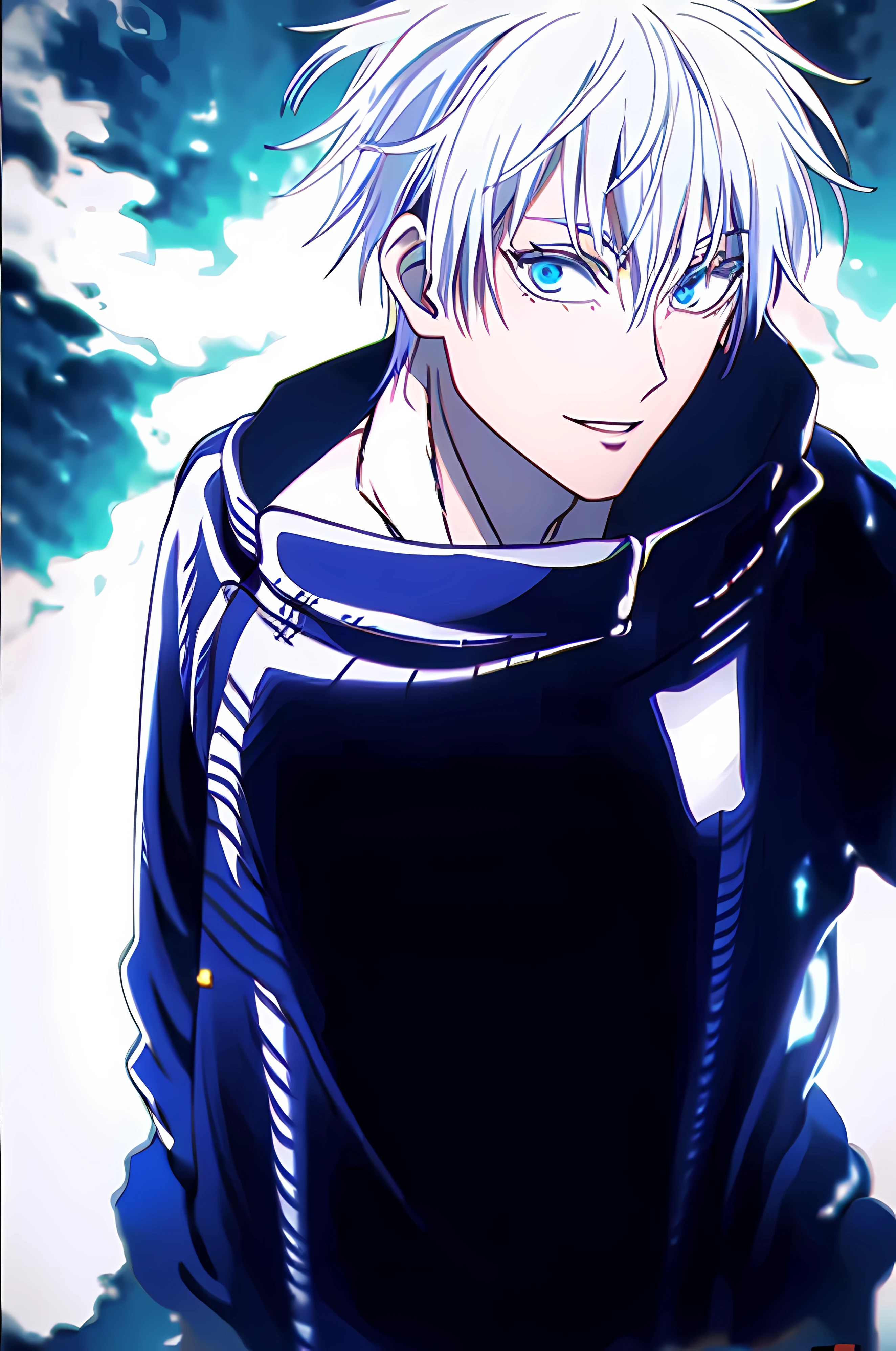 Foto de Chico de pelo Blanco, ojos azules posando como modelo masculino, cuerpo completo y Mirando a la Camara con gesto coqueto y una sonrisa, Fondo de color Solido, estilo anime