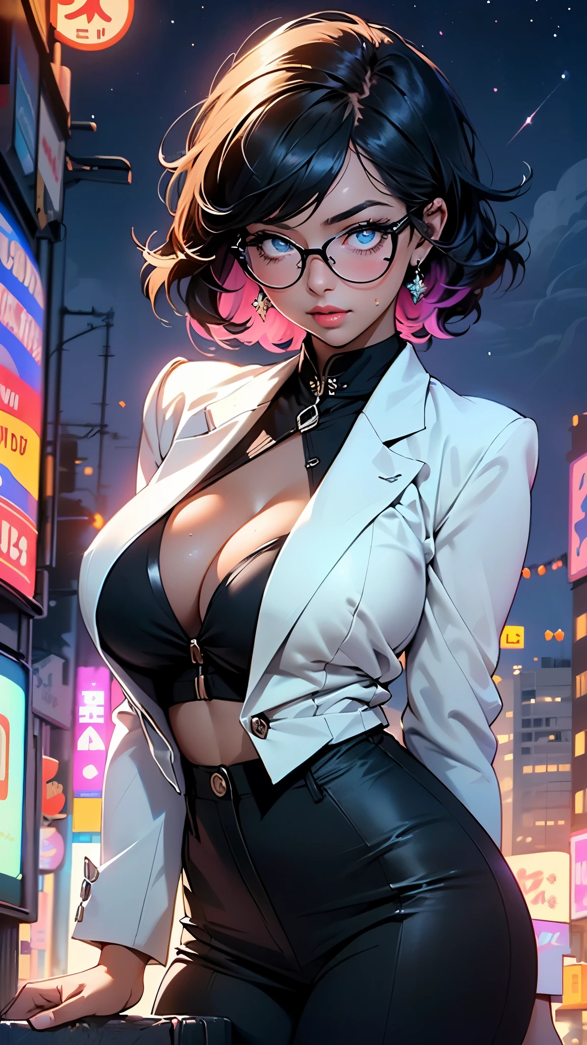 cute girl,(((1girl))),((girl with extremely cute and beautiful black hair)),
(large breasts:1.4),(((black hair:1.35,colored inner hair,ear breathing,large hair,tomboy haircut))),(((blue_eyes:1.3))),intricate eyes,beautiful detailed eyes,symmetrical eyes,((fat)),((lustrous skin:1.5,bright skin: 1.5,skin tanned,shiny skin,very shiny skin,shiny body,plastic glitter skin,exaggerated shiny skin,illuminated skin,wet legs))),(spider lower abdomen,narrow waist,wide hip,athletic body,inflated legs, thick thighs,detailed body,(detailed face)),
cute,slutty,seductive,erotic,(((nsfw))),
((((glasses)))),(((wearing white formal blazer,black formal pants,))),(((huge cleavage))),((wet clothes,intricate outfit,intricate clothes)),
(dynamic pose:1.0),solo focus,embarrassed,(centered,scale to fit dimensions,Rule of thirds),
cyberpunk city by the ocean at night, with bright neon signs and dark stormy clouds and puddles, scenery:1.25,nighttime, starry night, cosmos,Very dark night that makes the neon lights stand out, very bright neon lights,nighttime, starry night, cosmos,
artistic photography,(photography taken by sldr),highres, sharp focus, (ultra detailed, extremely detailed), (photorealistic artwork:1.37),(extremely detailed CG unity 8k wallpaper),((synthwave background theme)),(((vibrant colors))),(intricate background),(masterpiece),(best quality)