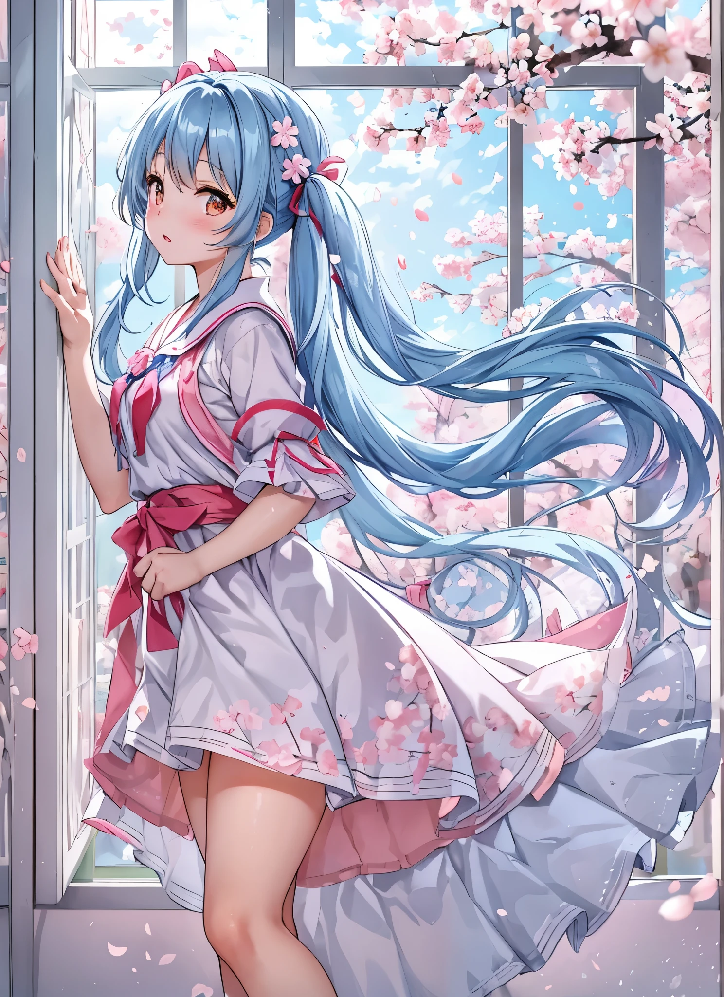 light blue long hair Beautiful girl with twin tails graduation ceremony Cherry blossoms are in full bloom outside the window Cherry blossom petals are dancing