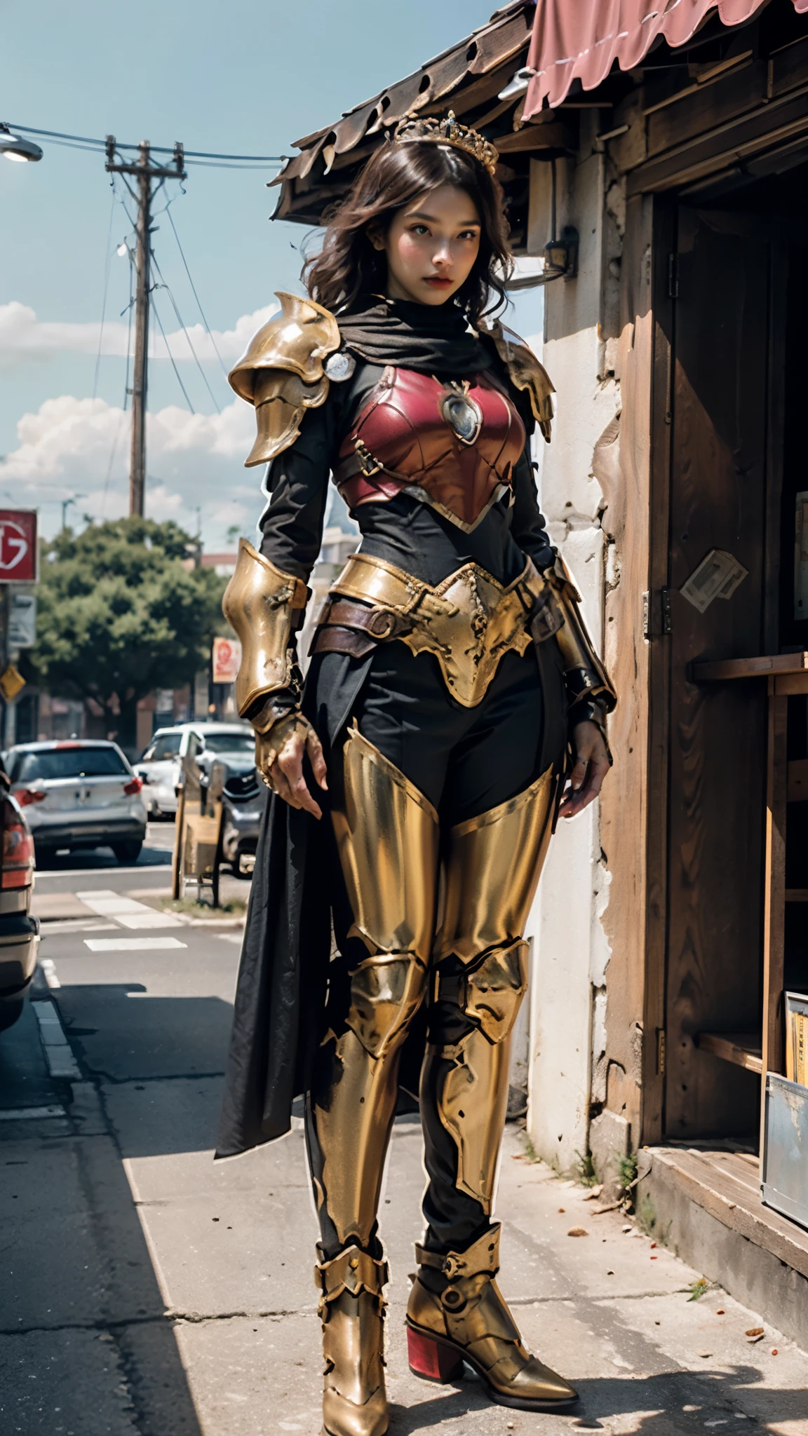 A woman adorned in fantasy-style full-body armor, a crown-concept fully enclosed helmet that unveils only her eyes, a composite layered chest plate, fully encompassing shoulder and hand guards, a lightweight waist armor, form-fitting shin guards, the overall design is heavy-duty yet flexible, ((the armor gleams with a golden glow, complemented by red and blue accents)), exhibiting a noble aura, she floats above a fantasy-surreal high-tech city, this character embodies a finely crafted fantasy-surreal style armored hero in anime style, exquisite and mature manga art style, (Queen bee mixed with Spider concept Armor), ((real woman, beautiful woman, photorealistic, elegant, goddess, femminine:1.5)), metallic, high definition, best quality, highres, ultra-detailed, ultra-fine painting, extremely delicate, professional, anatomically correct, symmetrical face, extremely detailed eyes and face, high quality eyes, creativity, RAW photo, UHD, 32k, Natural light, cinematic lighting, masterpiece-anatomy-perfect, masterpiece:1.5