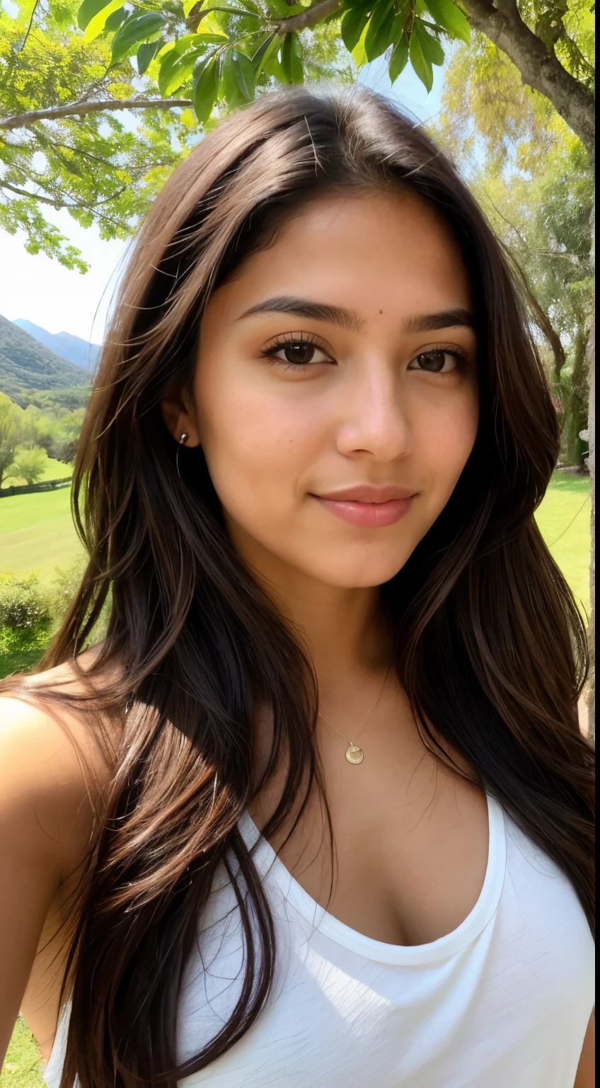 A 23-year-old mixed Latin and Asian woman., ((pechos grandes)), ((hiperrealismo)) ,. Brown hair with light brown roots. cabello rubio, Hair with brown roots, cabello extra largo, cabello muy largo, pelo muy largo, hermoso, vista frontal, autofoto, foto tomada con iPhone, elegante camisa negra con escote, escotada, autofoto in the garden, Alta calidad, autofoto iPhone, escote